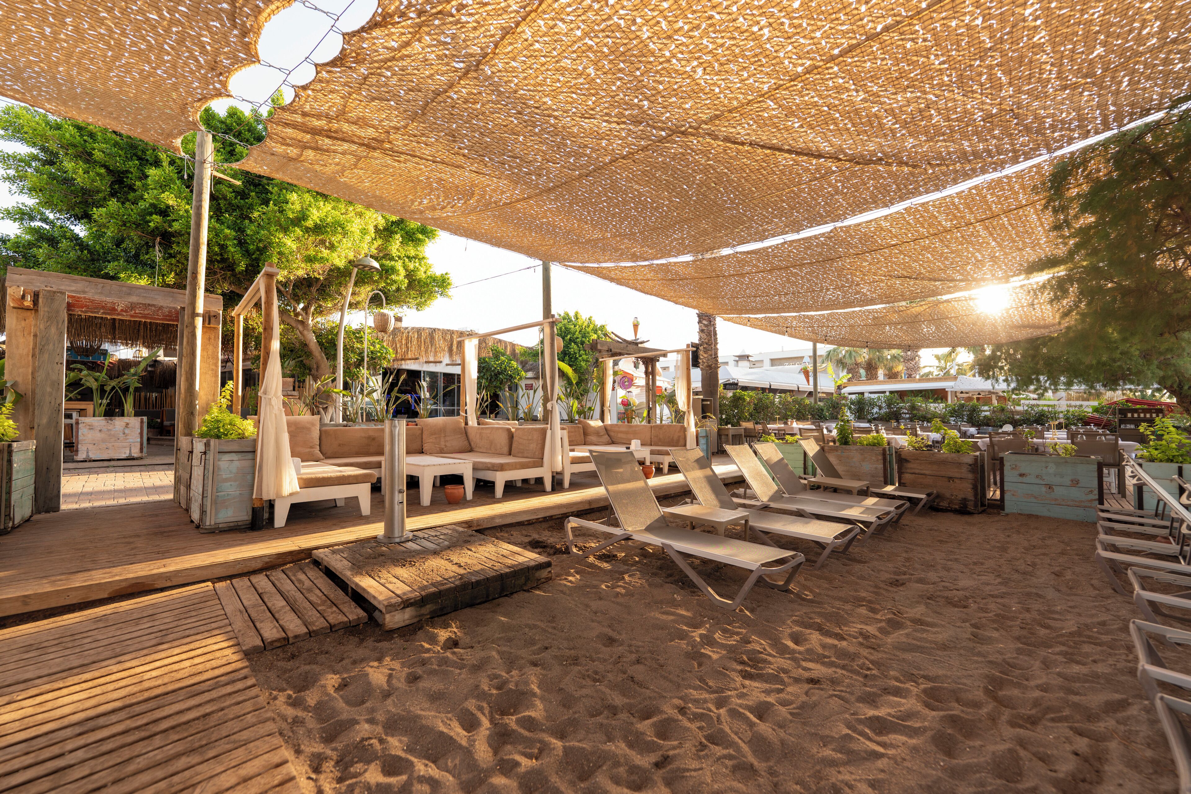 A beachside lounge with wooden deck, lounge chairs, and a shaded canopy.