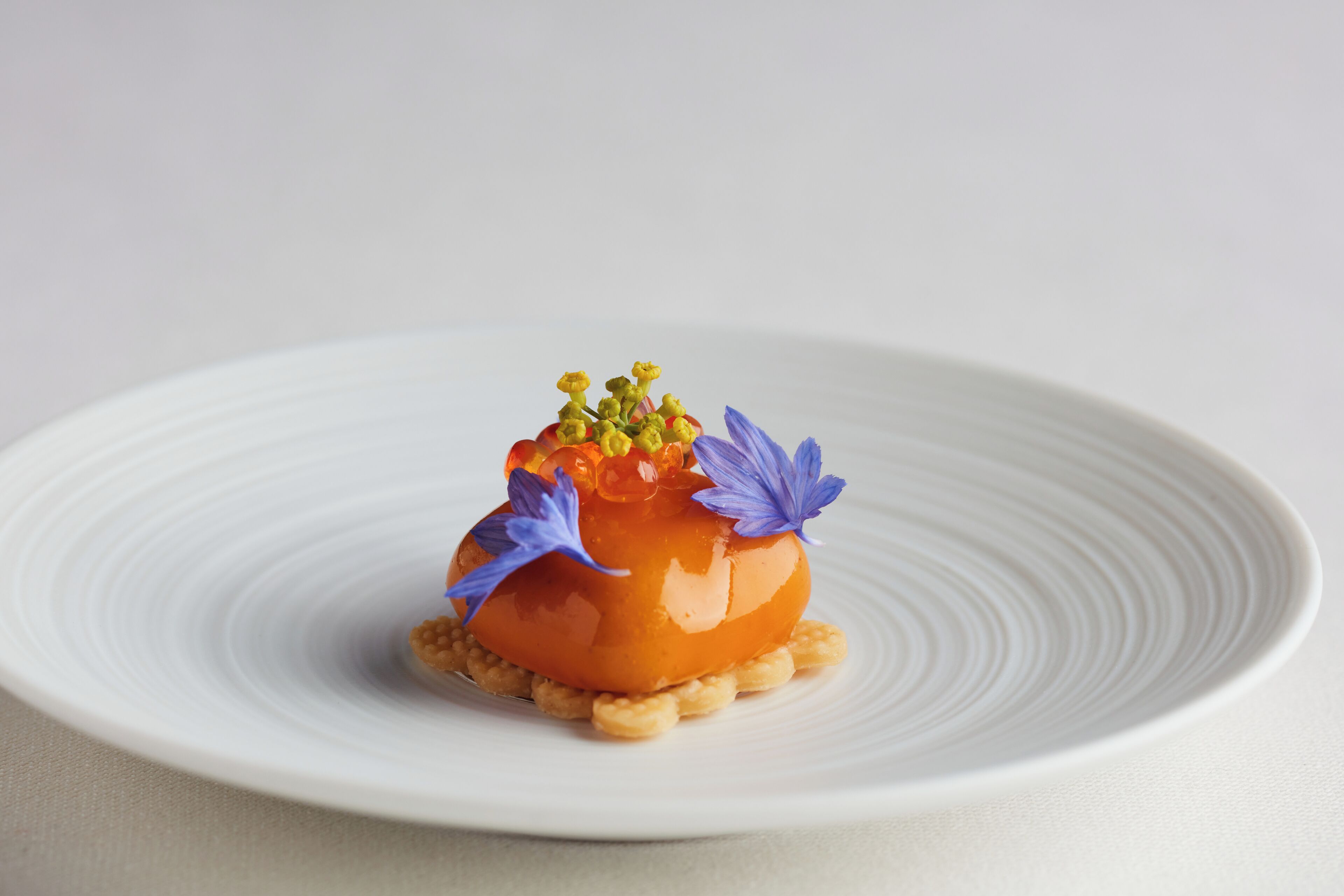 Un postre sobre un plato blanco con borde texturizado.