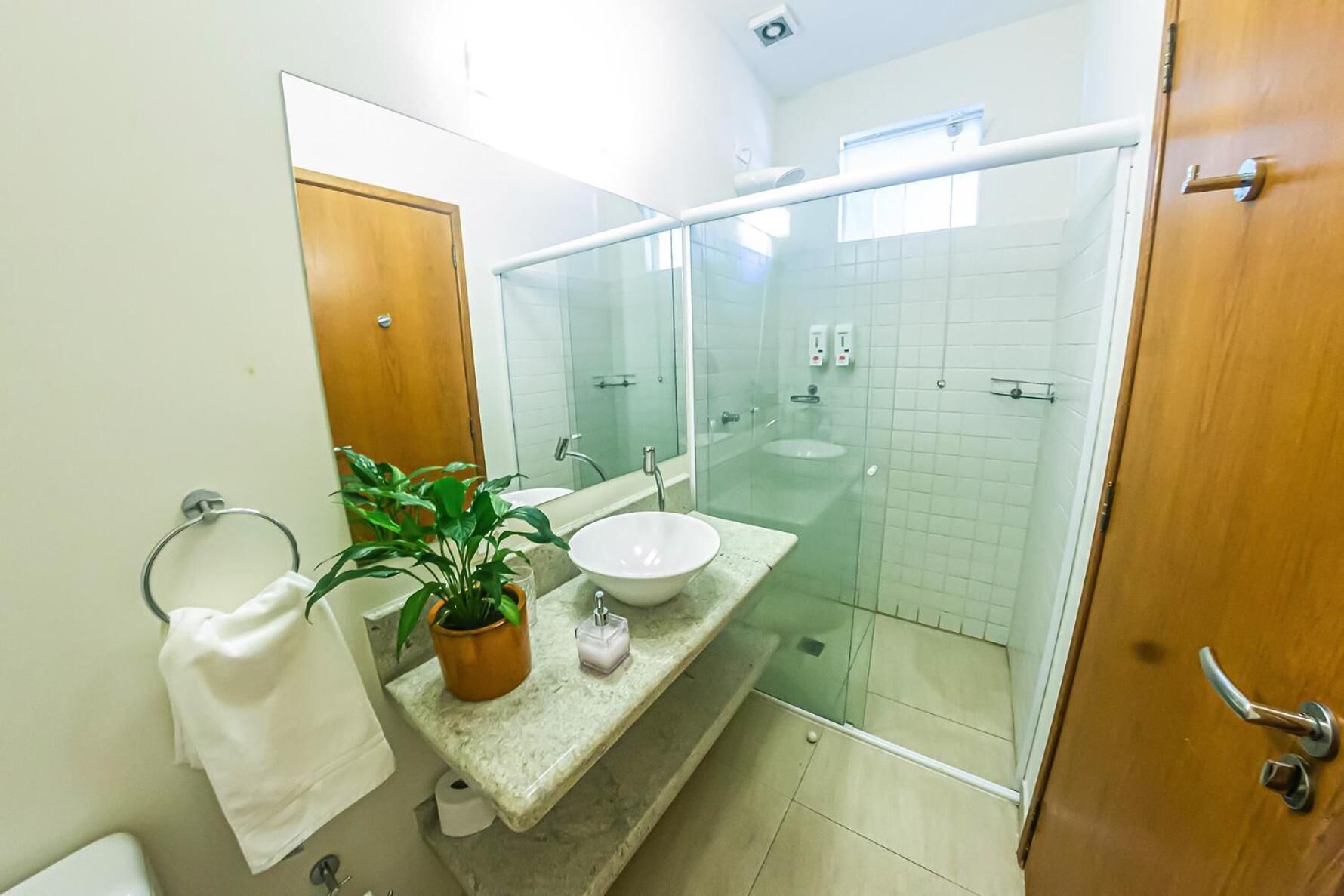 A bathroom with a glass-enclosed shower, a sink with a marble countertop, a potted plant, and a towel rack.