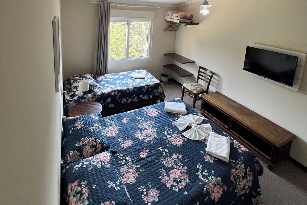 Une petite pièce bien éclairée, avec deux lits, un bureau, une chaise, une télévision et une fenêtre.