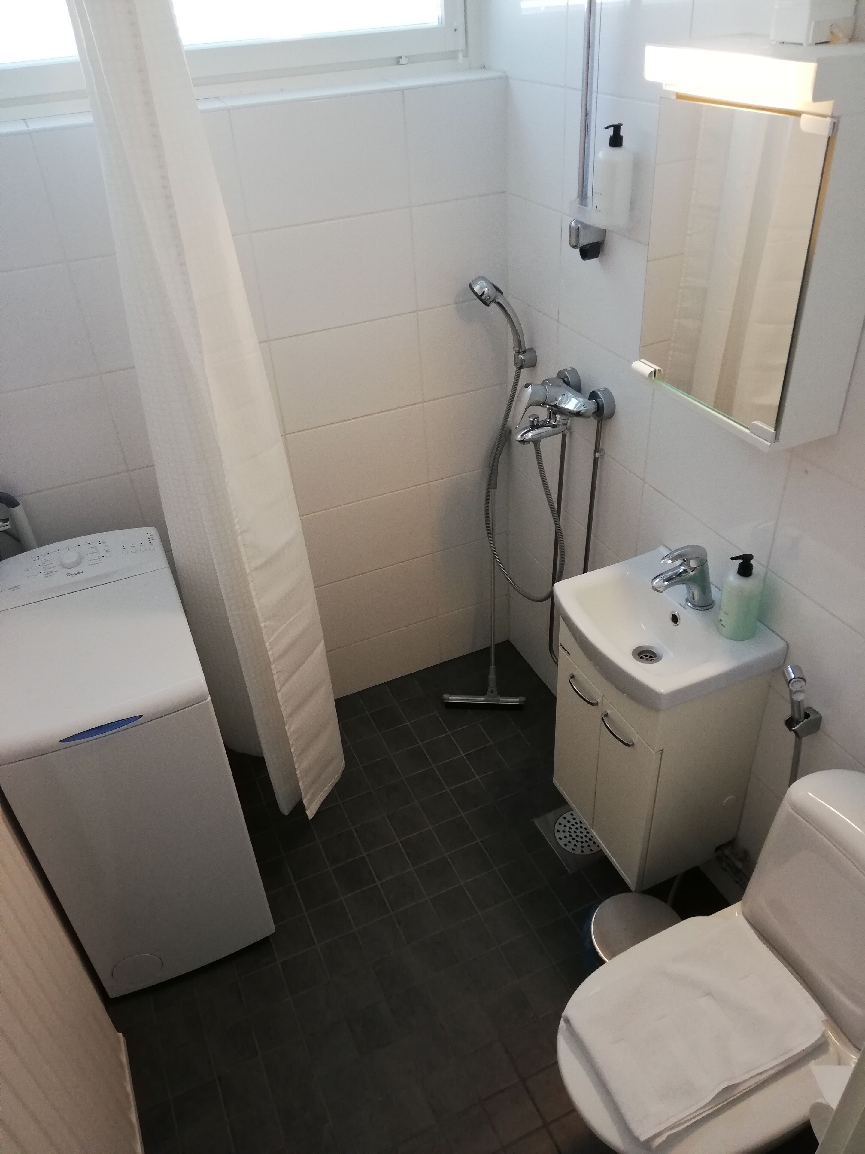 Une petite salle de bain compacte, équipée de toilettes, d’un lavabo et d’une douche.