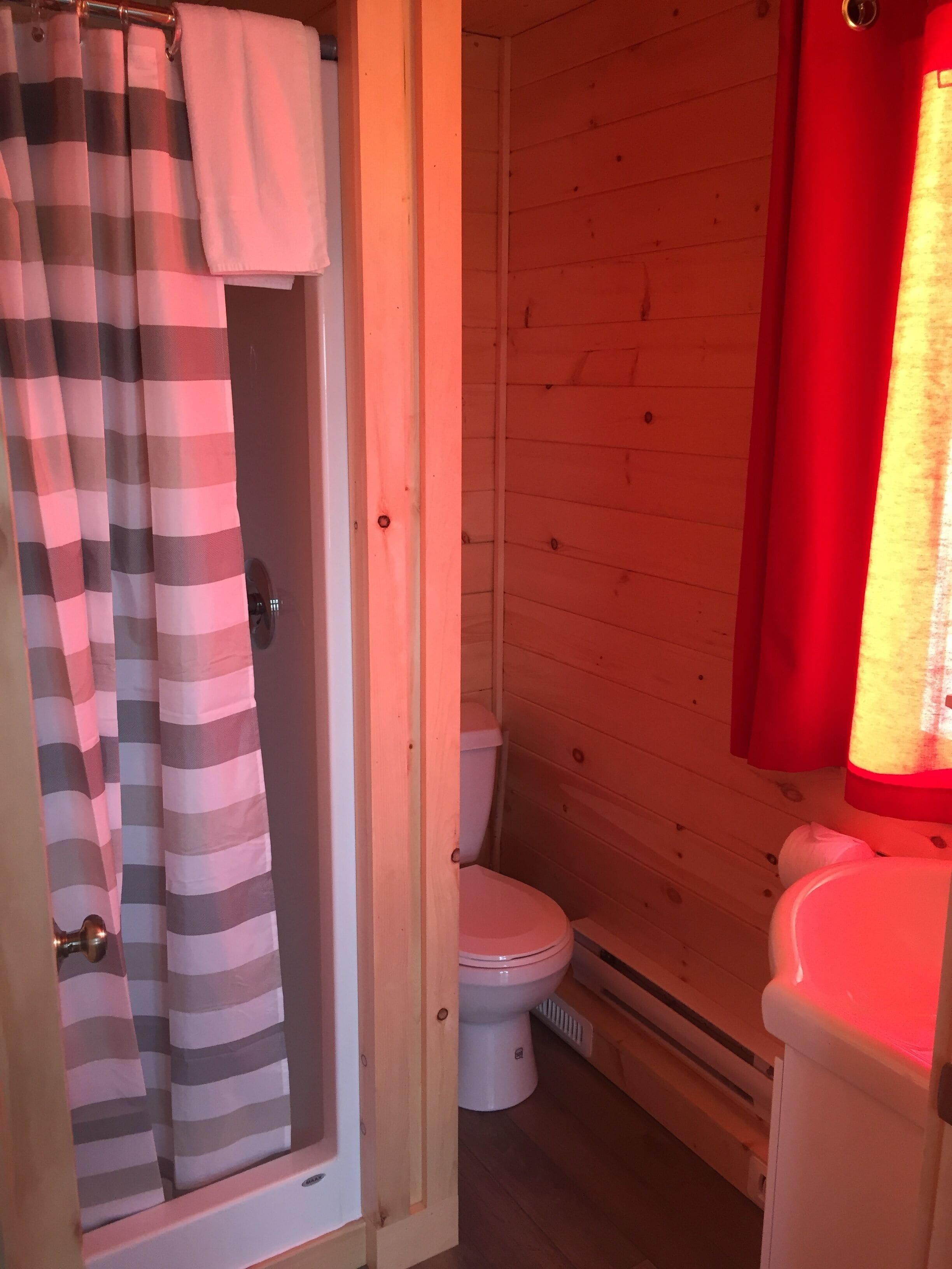 A wooden bathroom with a striped shower curtain, a white toilet, and a red-lit sink.