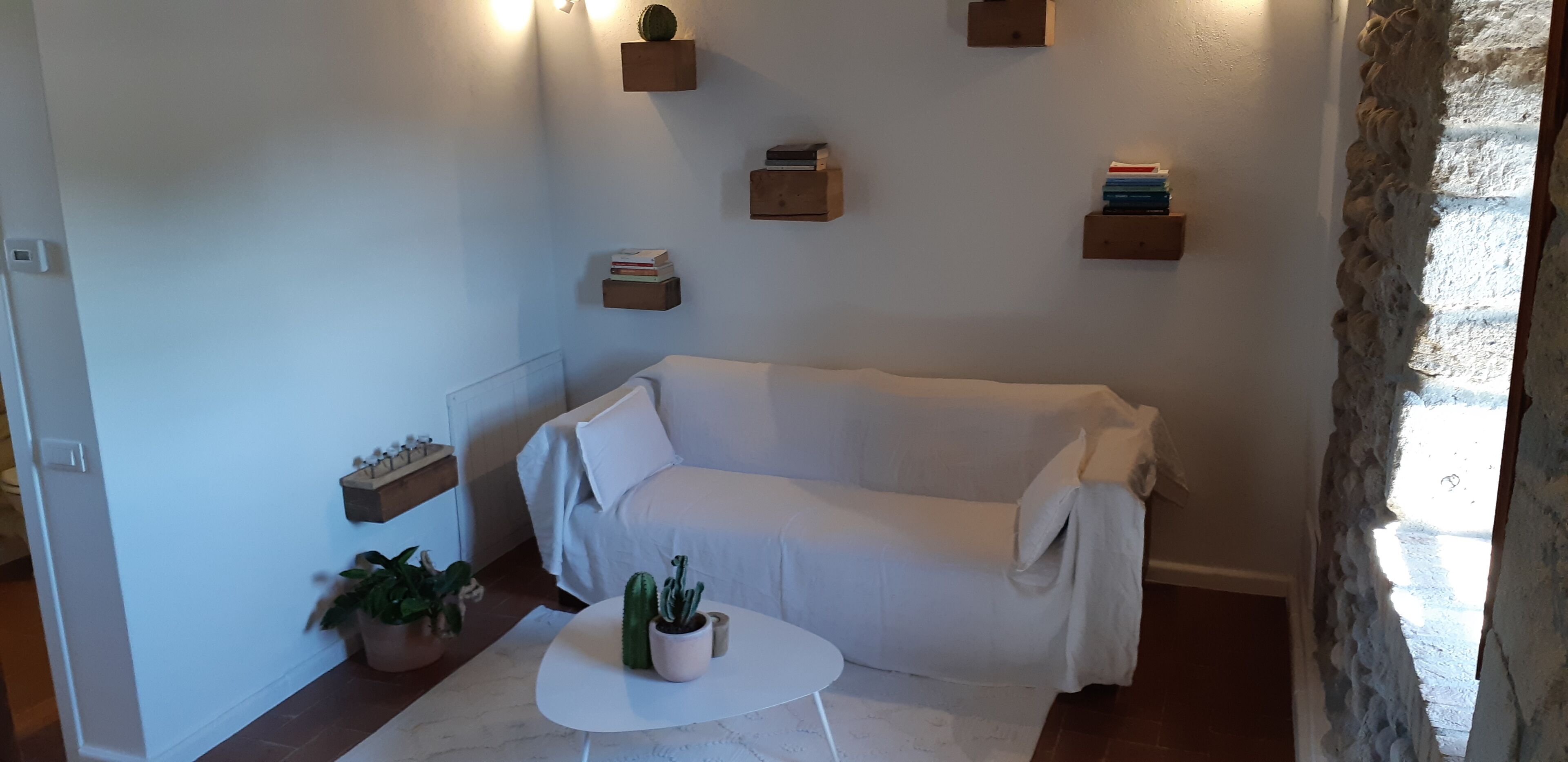 Uma sala de estar aconchegante com um sofá branco, uma mesa de centro e várias plantas em vasos.