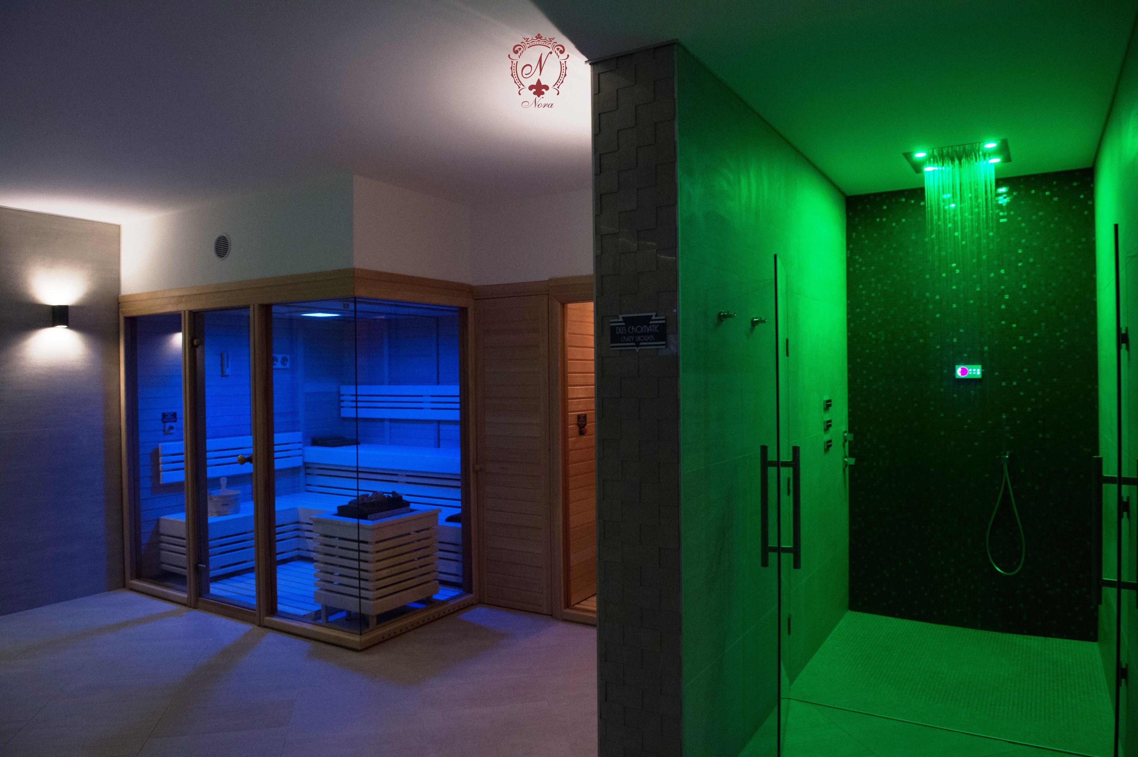 A spa room with a sauna, a massage area, and a shower.