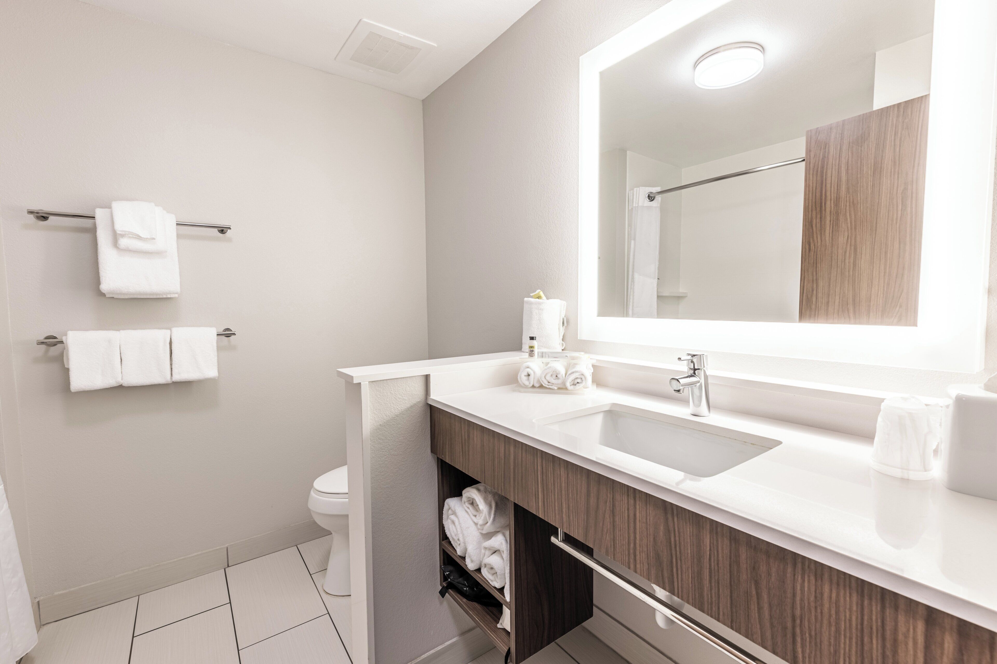 Un baño moderno con un lavabo blanco, un espejo grande y un inodoro.