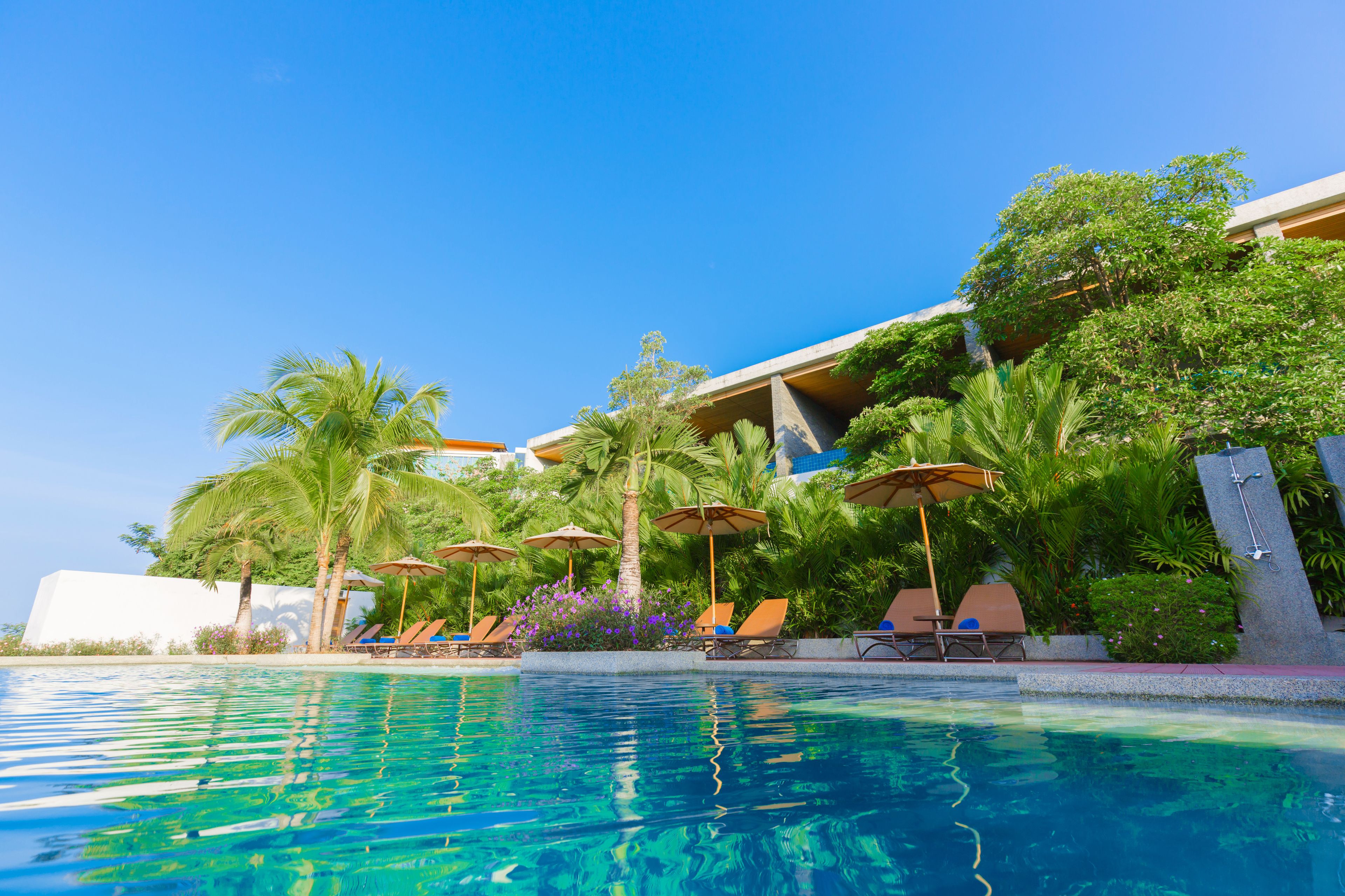 2 つの屋外プール、プール パラソル、サンラウンジャー