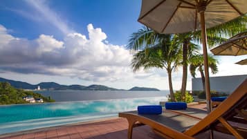 An infinity pool with a view of the sea and mountains, wooden lounge chairs, and a palm tree.