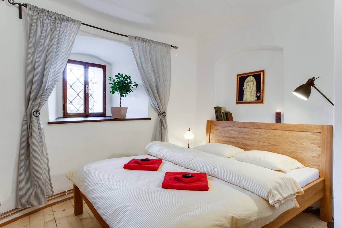 A neatly made bed with two red towels, a window with a plant, a framed picture on the wall, and a bedside lamp.