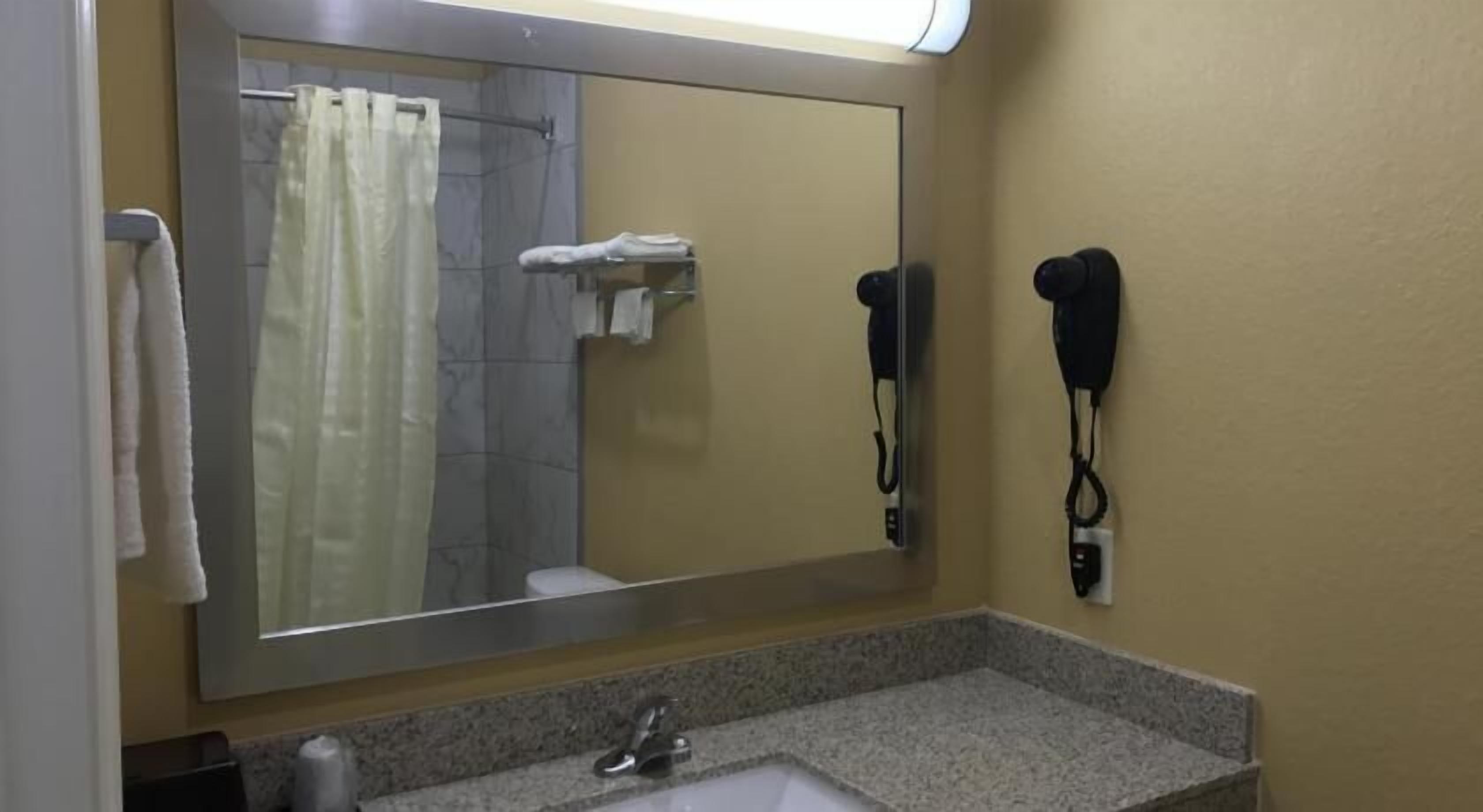 A bathroom with a large mirror, a sink, a shower with a curtain, and two hair dryers mounted on the wall.