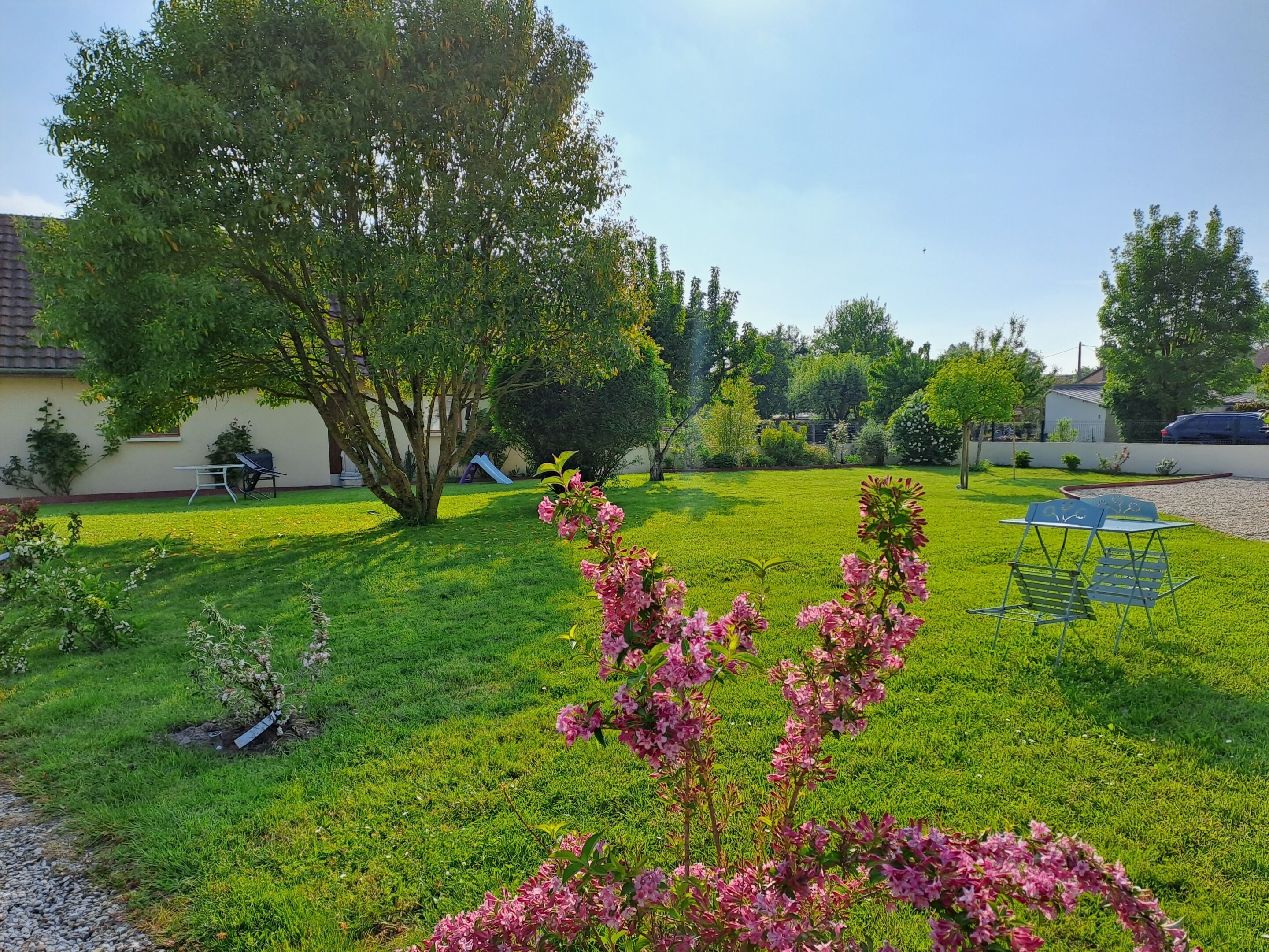Un jardín cuidado con césped, un árbol y una pequeña mesa con sillas.