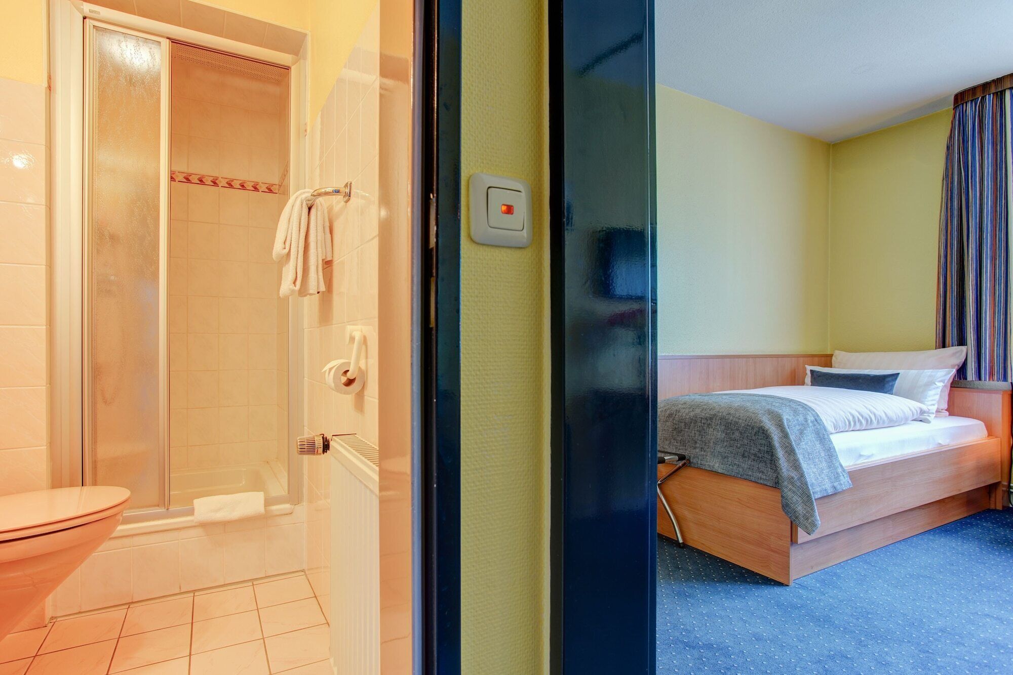 A hotel room with a shower, toilet, and a bed with a headboard.