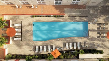 Outdoor pool, pool umbrellas, pool loungers