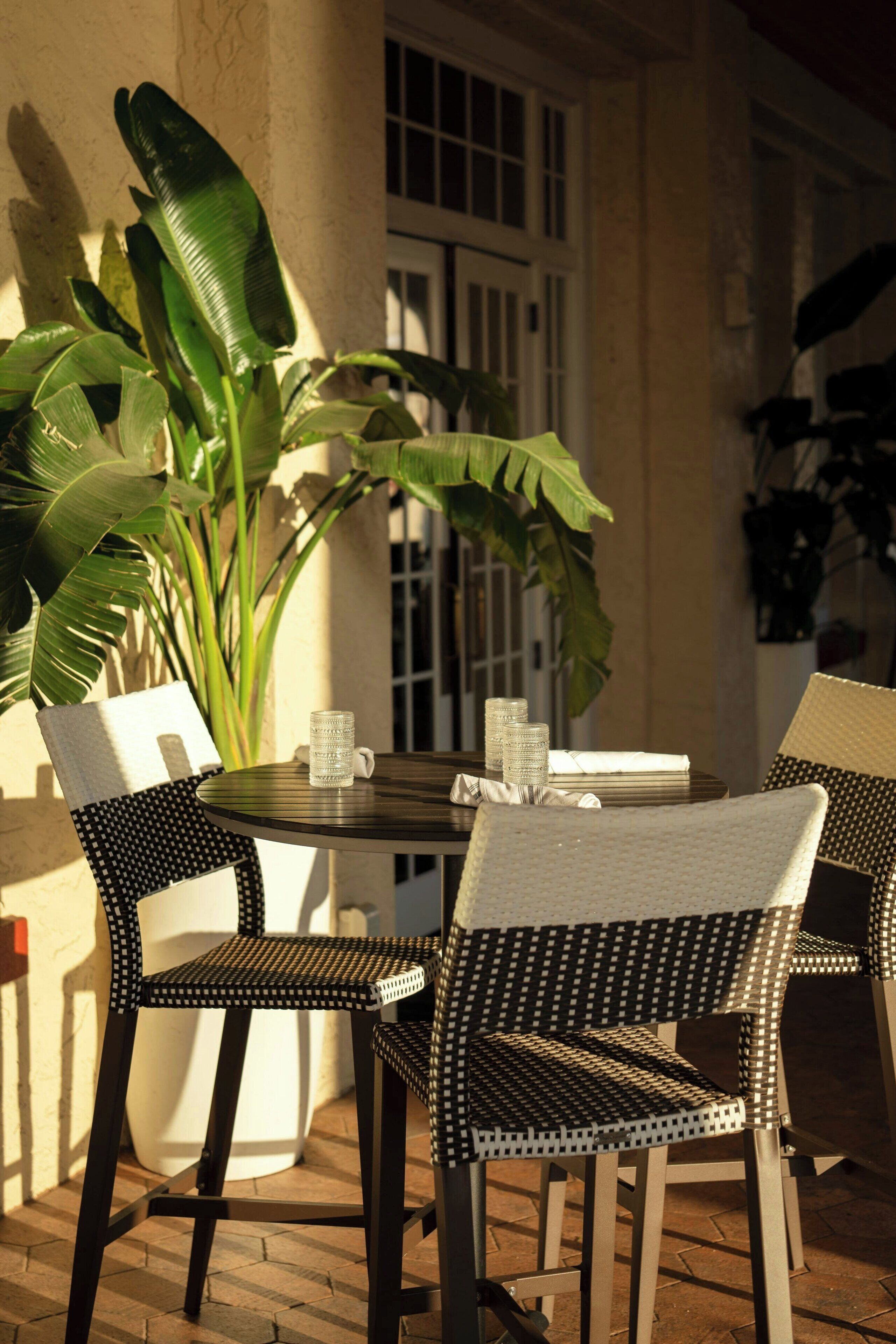 A patio with two wicker chairs, a round table, and a potted plant.