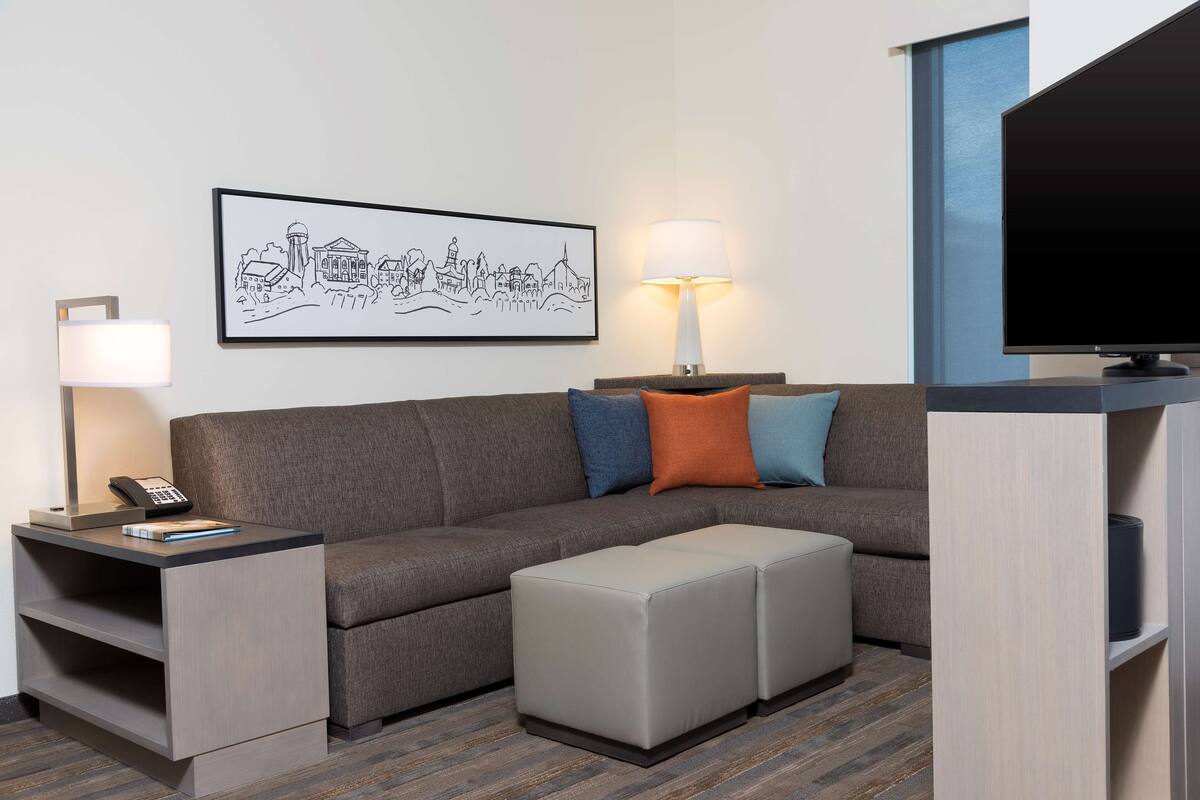 Una habitación de hotel moderna con un sofá seccional gris, una mesita con una lámpara, un televisor de pantalla plana y una obra de arte con un paisaje urbano enmarcado en la pared.