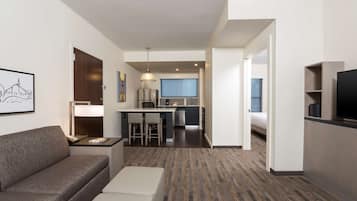 Desk, blackout drapes, soundproofing, iron/ironing board