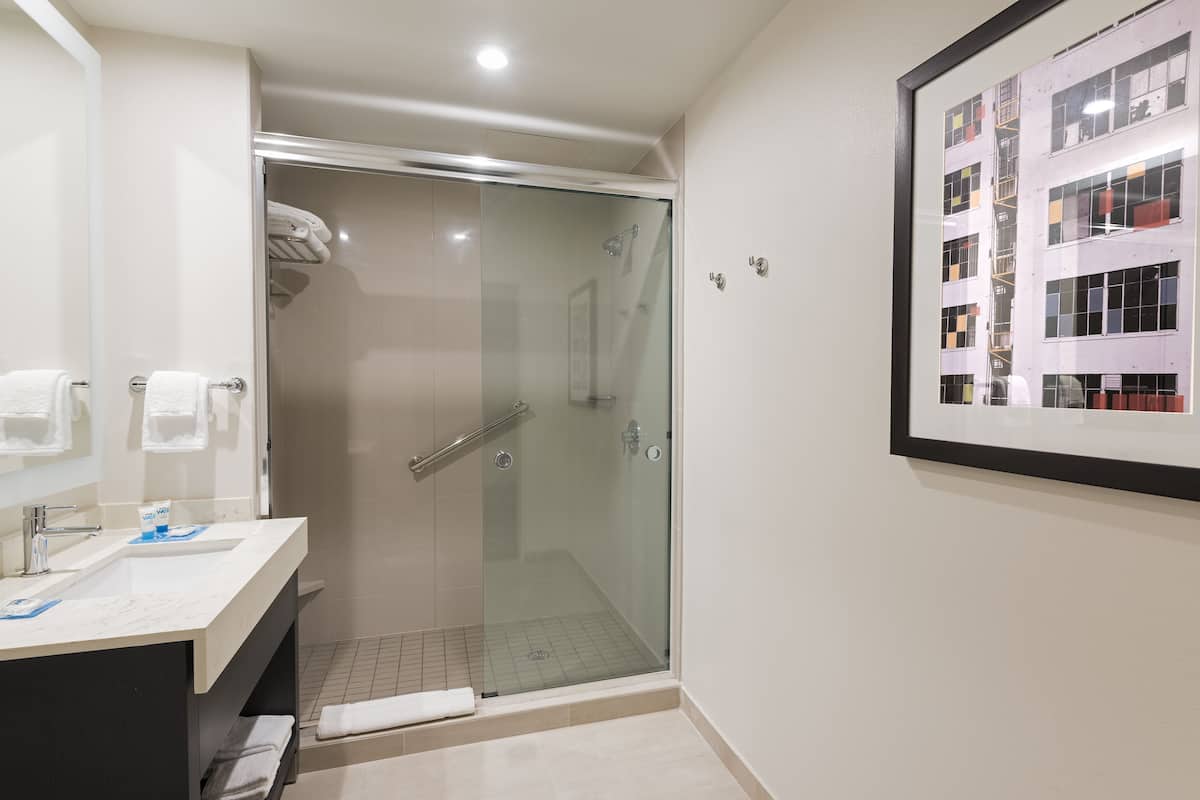 combined shower/bathtub, designer toiletries, hair dryer, towels