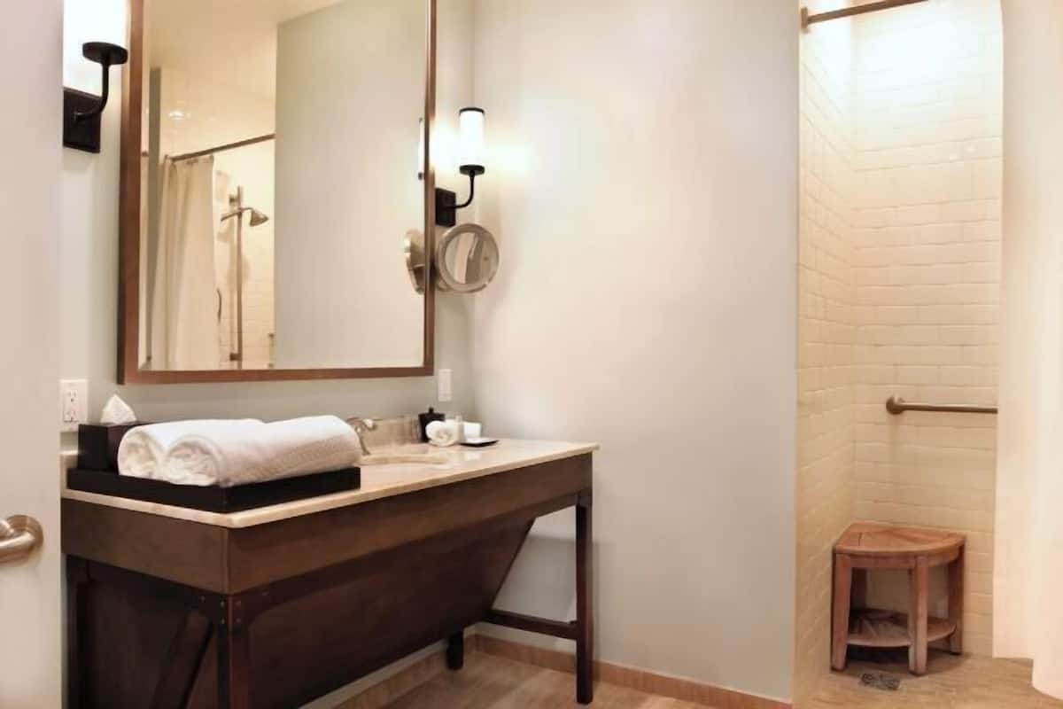 Shower, free toiletries, hair dryer, towels