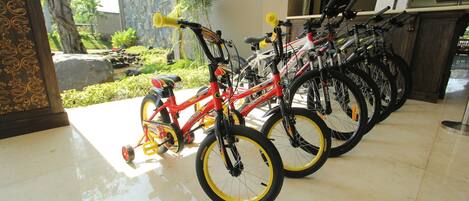 Bicycles parked indoors near a window overlooking a garden.