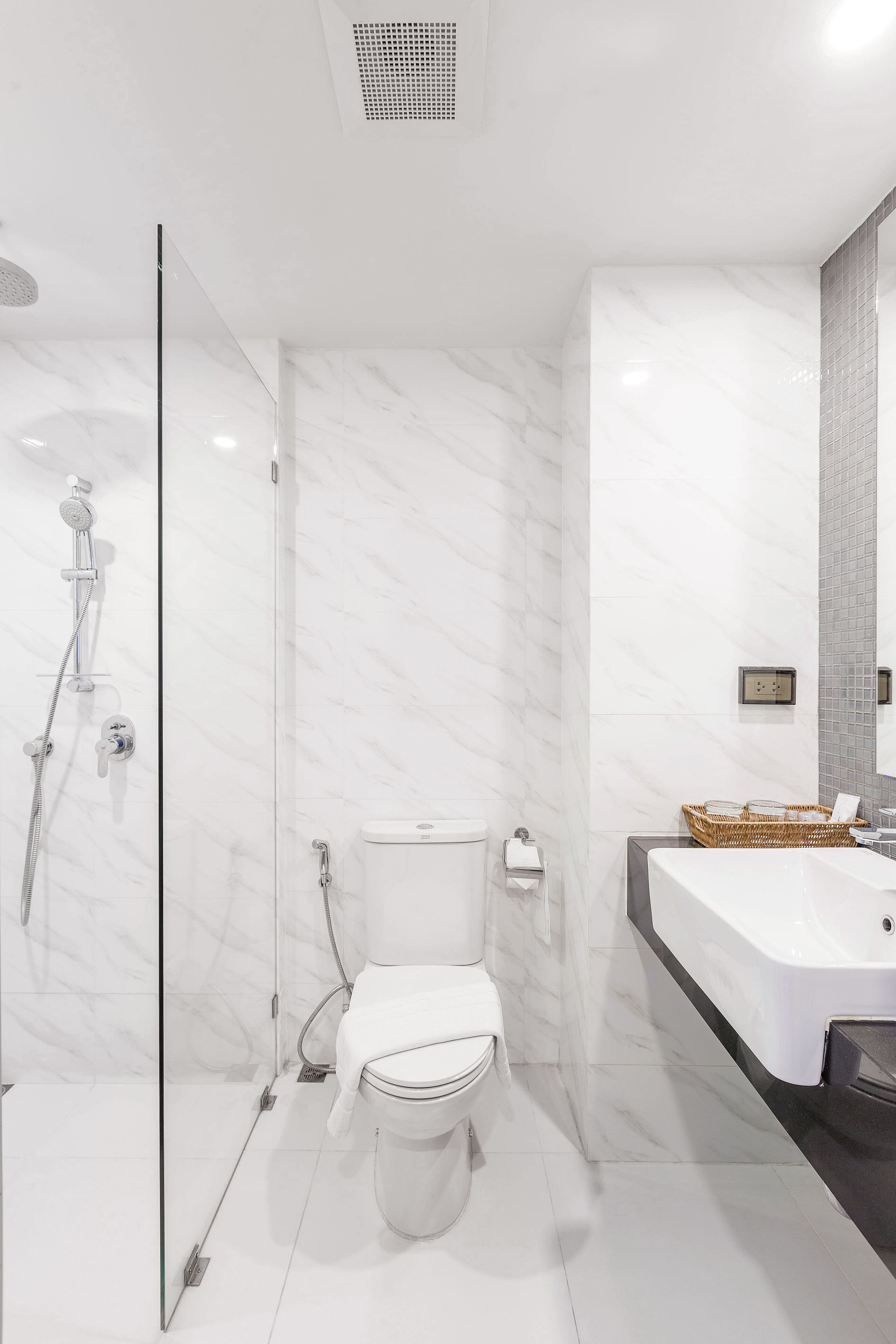 deluxe premium room | bathroom | shower, free toiletries, hair dryer, slippers