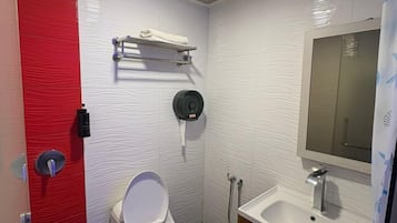 A modern bathroom with a white toilet, a sink, and a mirror.