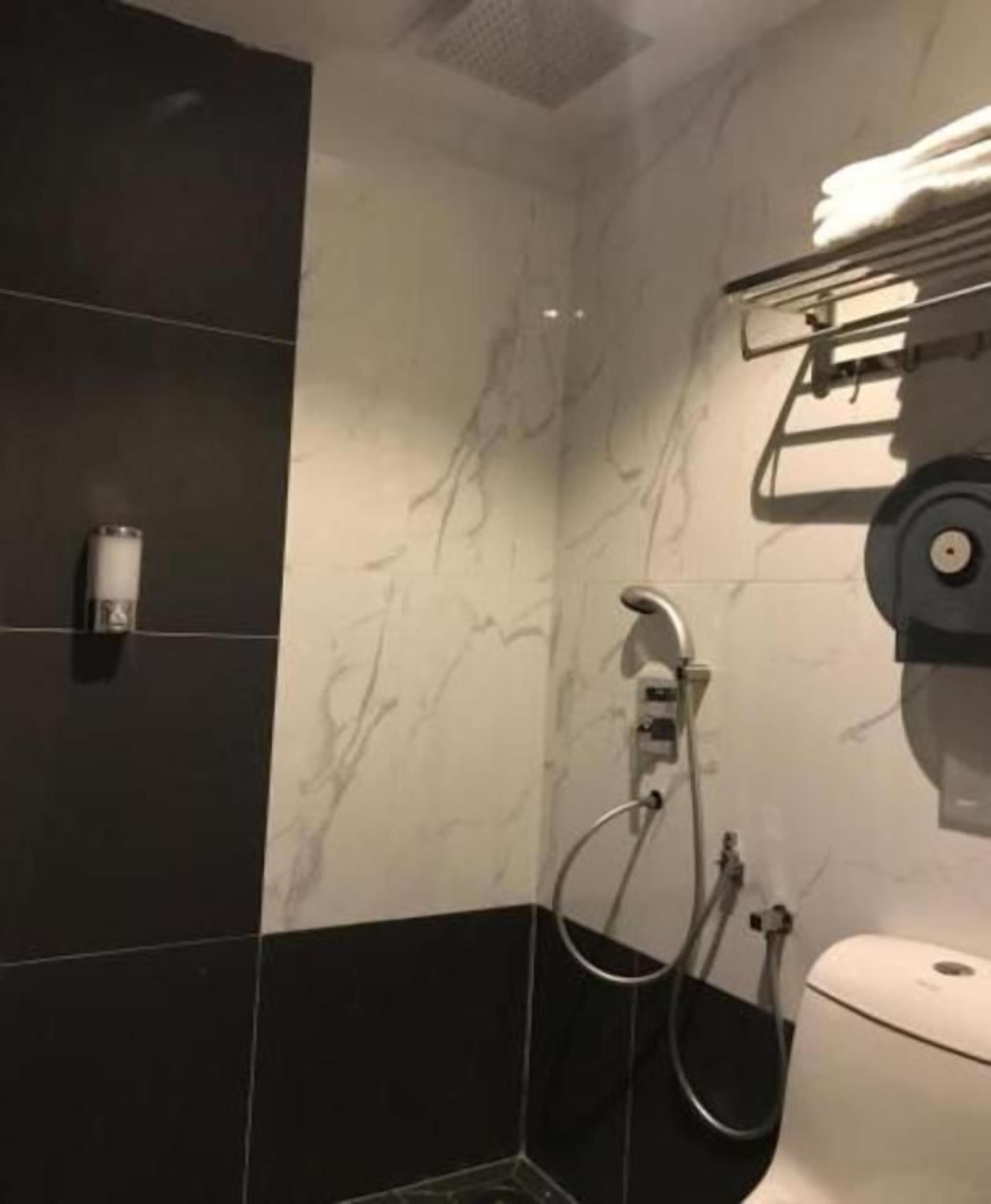 A bathroom with a toilet, a towel rack, and a shower with a handheld showerhead.