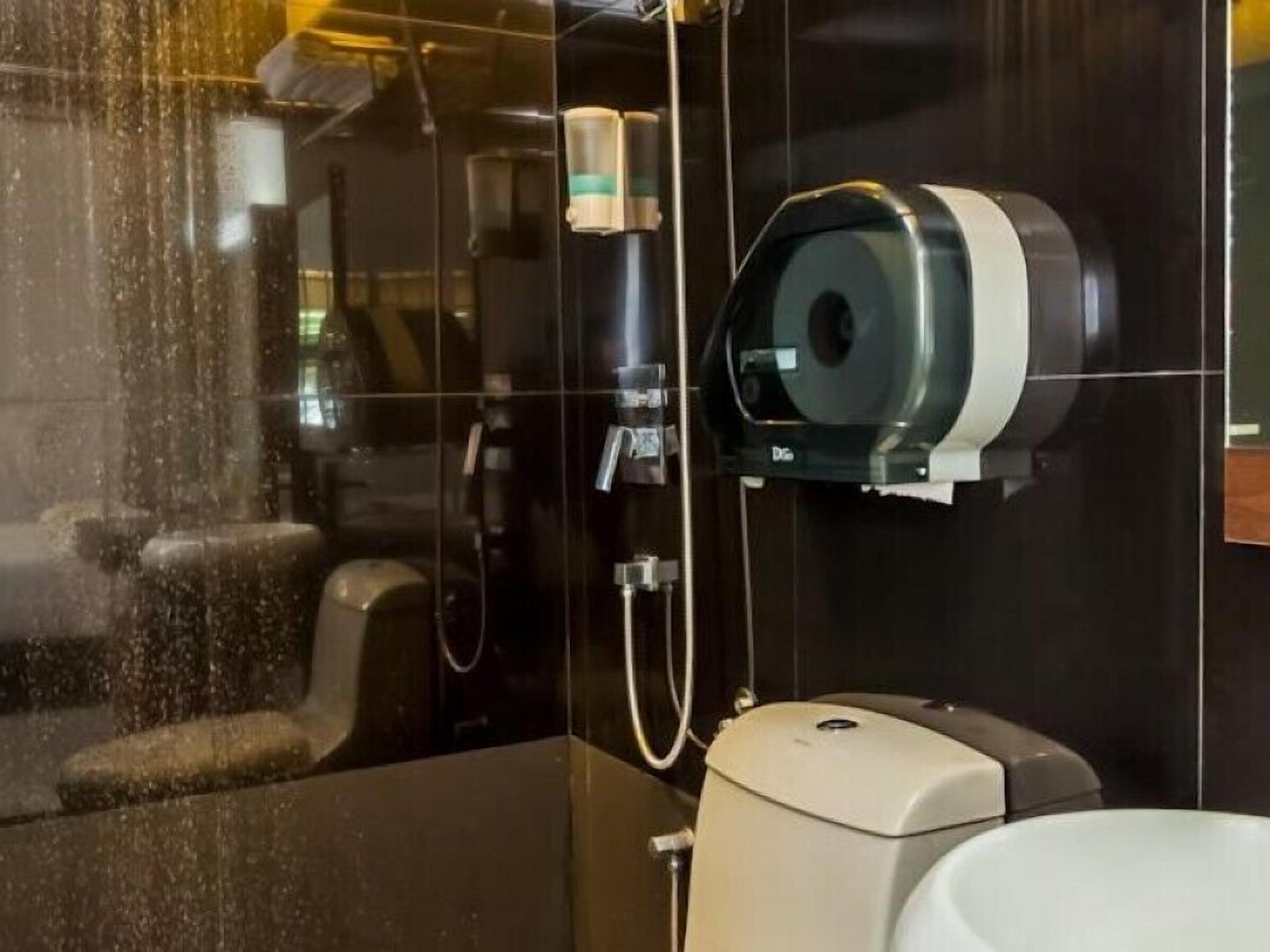 Een moderne badkamer met een zwart betegelde muur, een wit toilet en een handdoekhouder aan de wand.
