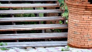 Een houten brug met bakstenen pijlers en metalen leuningen, omringd door weelderige begroeiing.