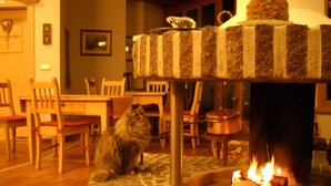 Una sala de estar acogedora con chimenea, un gato sentado sobre una alfombra y muebles de madera.