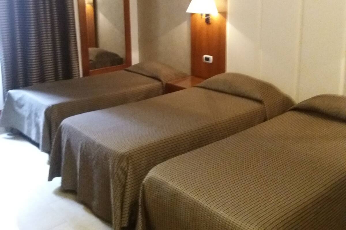 A hotel room with two single beds, a wooden headboard, a wall-mounted lamp, and a large mirror.