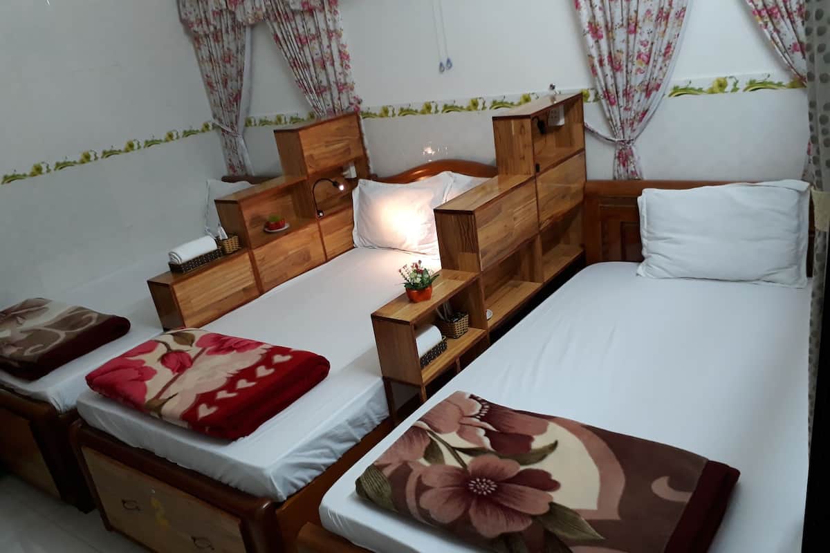Une chambre avec deux lits, des têtes de lit en bois, une table de chevet avec une lampe et une petite étagère avec une plante.