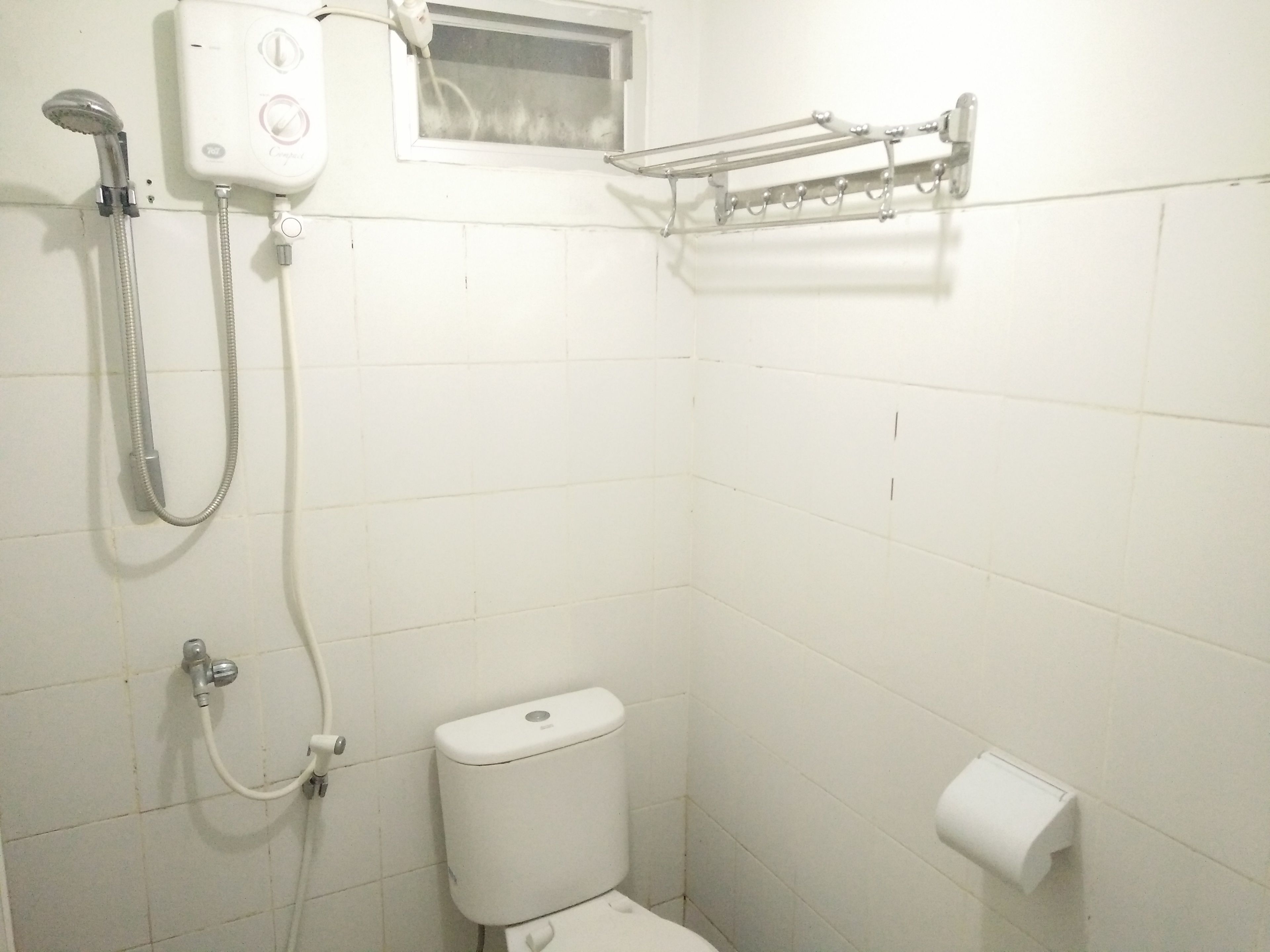 Une petite salle de bain blanche, équipée de toilettes, d’une douche et d’un porte-serviettes.