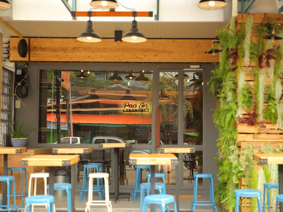 Un café interior con mesas de madera y sillas azules, ventanas amplias y plantas colgantes.