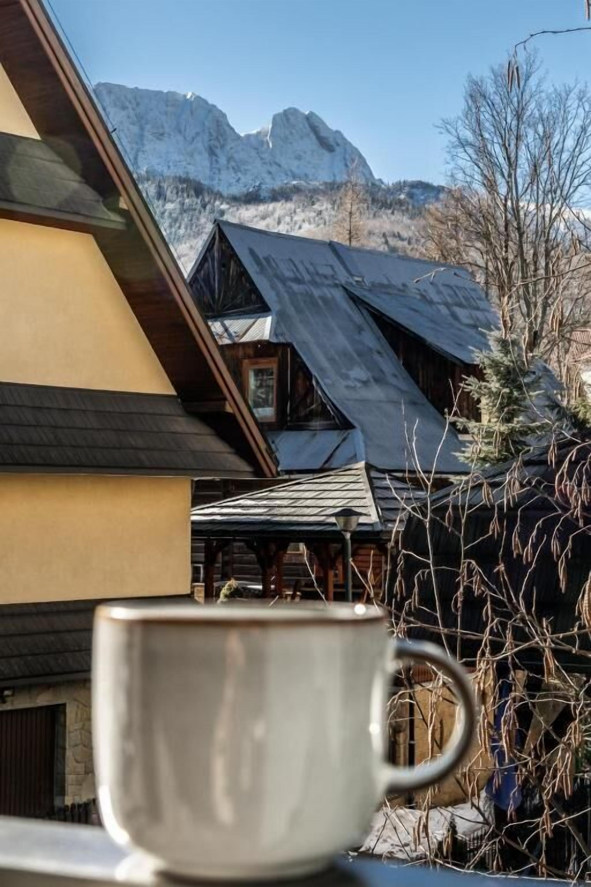 A mountain view with a wooden cabin and a cup in the foreground.