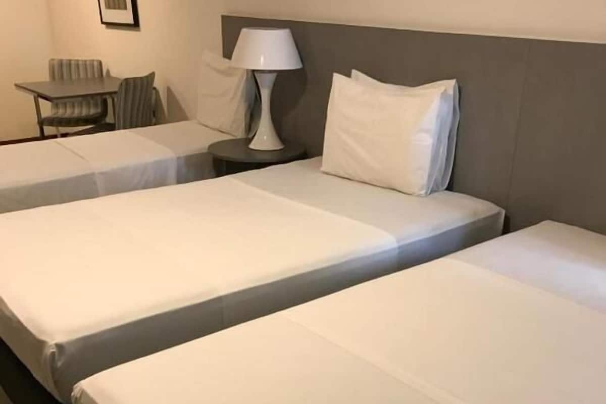 Una habitación de hotel con dos camas individuales, una mesita pequeña con una silla, una mesita de noche con lámpara y un cuadro enmarcado en la pared.