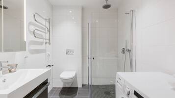 Shower, hair dryer, towels, toilet paper