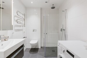 Shower, hair dryer, towels, toilet paper