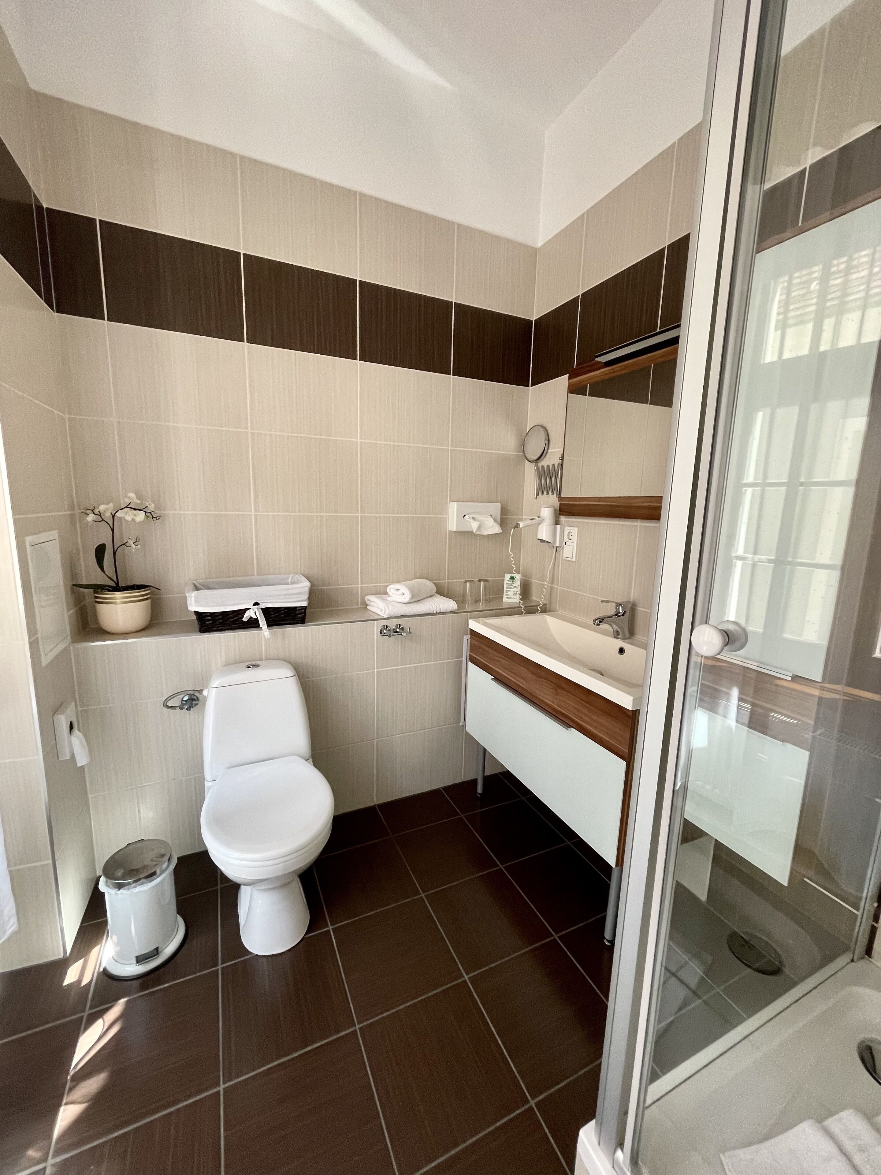 shower, free toiletries, hair dryer, towels