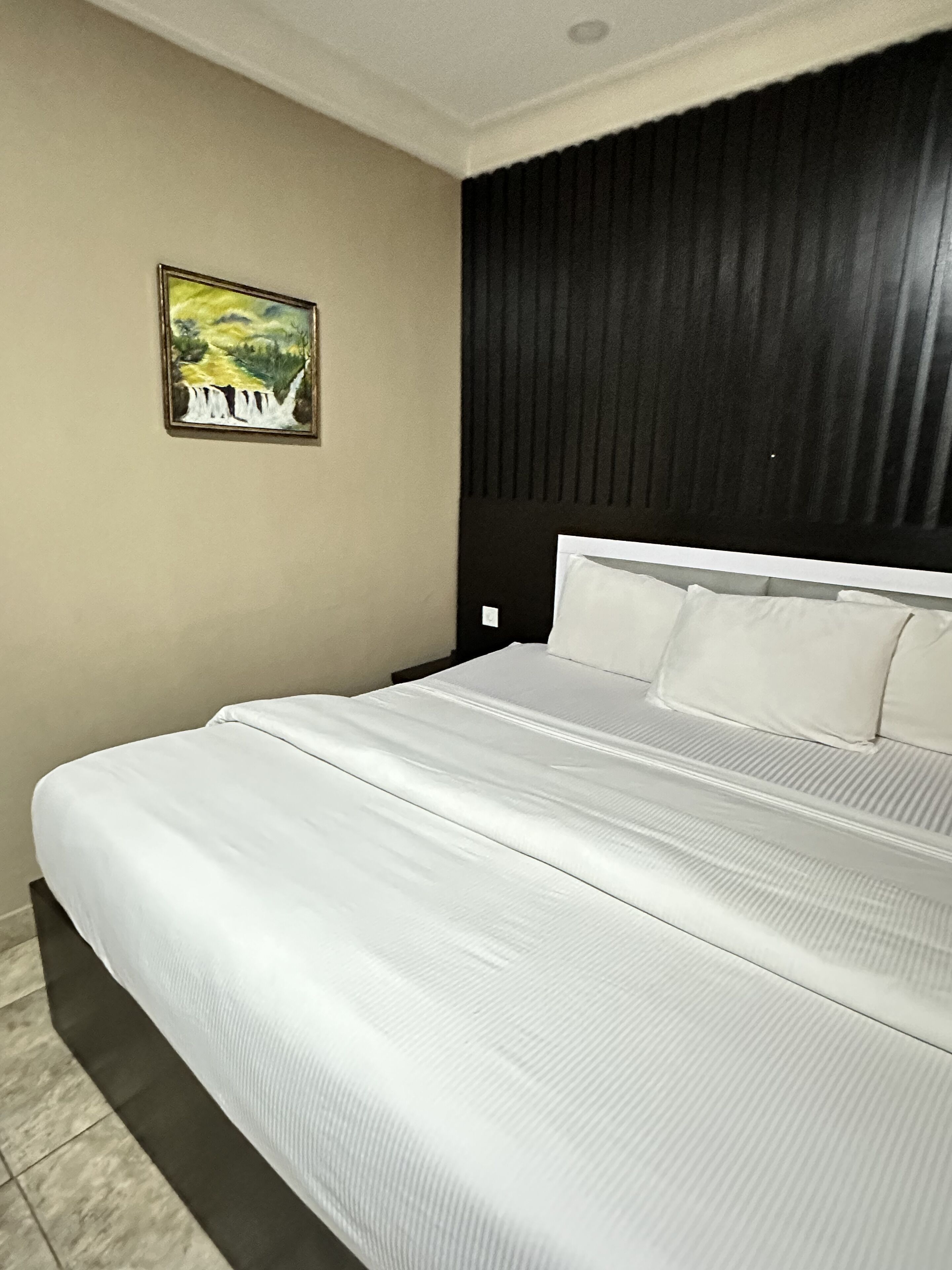 Una camera d'albergo con un letto grande, una testiera scura e un quadro appeso al muro.