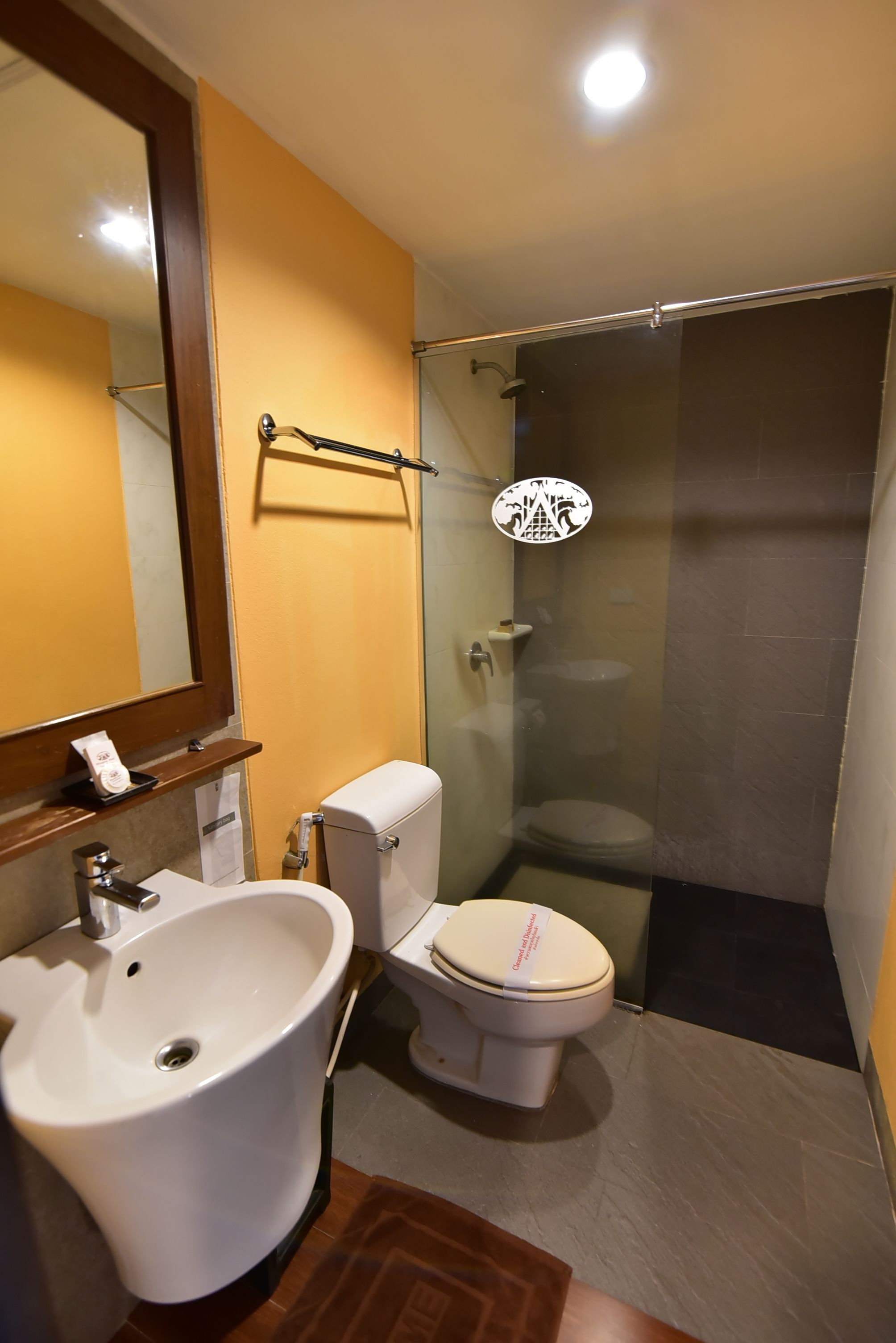 A bathroom with a sink, toilet, and glass-enclosed shower.