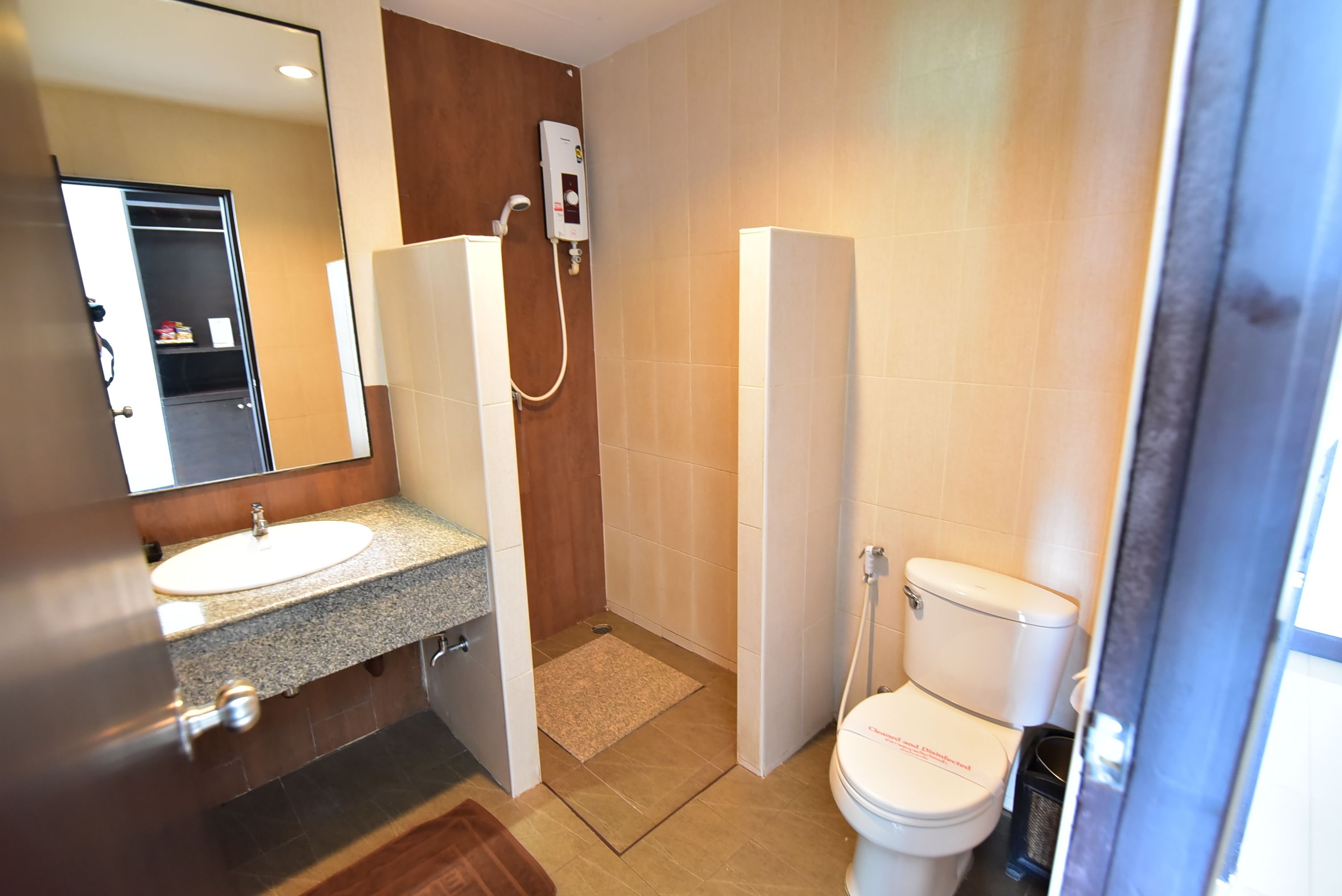 Un baño con lavabo, espejo, ducha e inodoro.