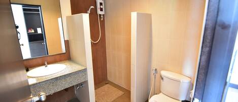 Un baño con lavabo, espejo, ducha e inodoro.