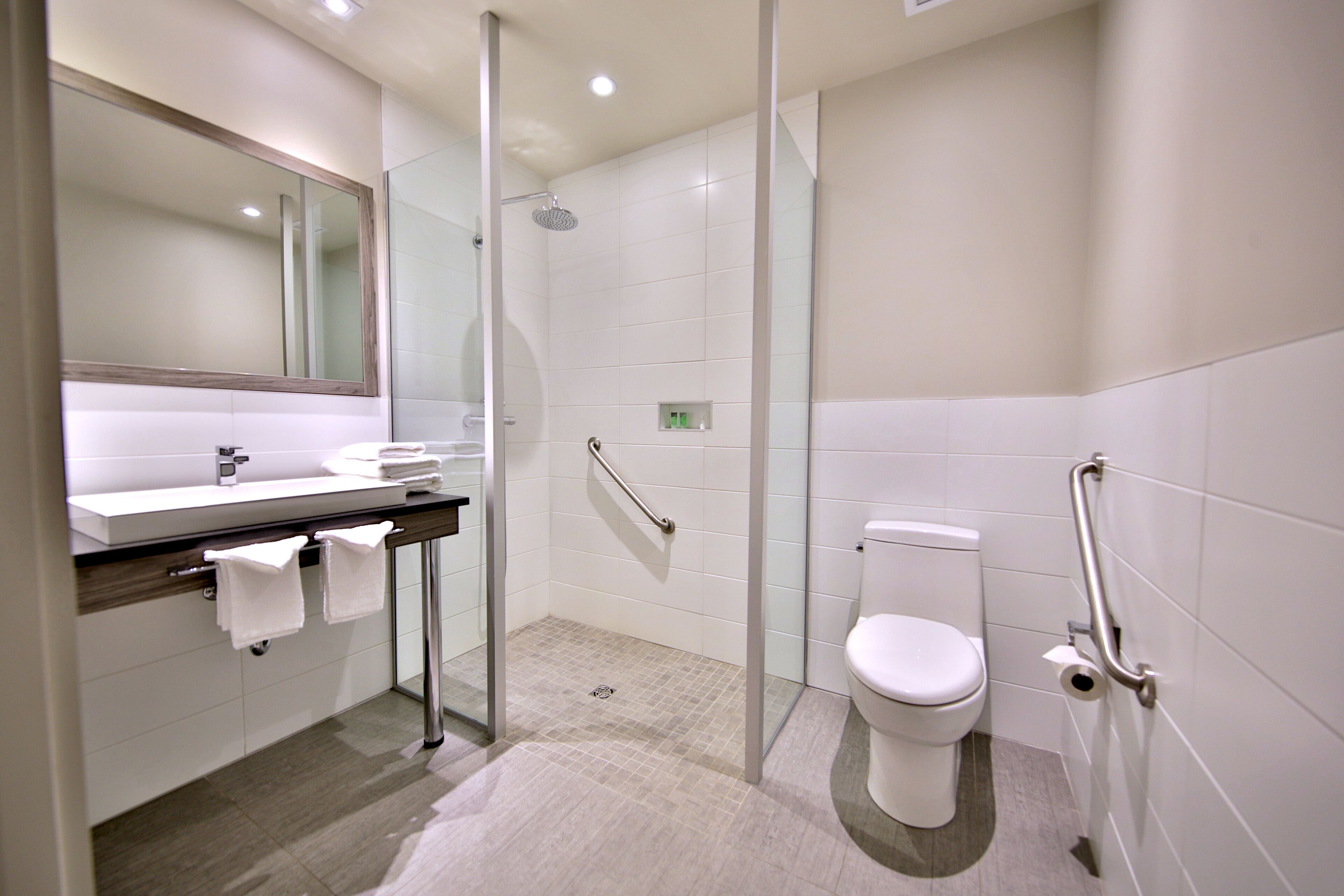 shower, rainfall showerhead, hair dryer, towels