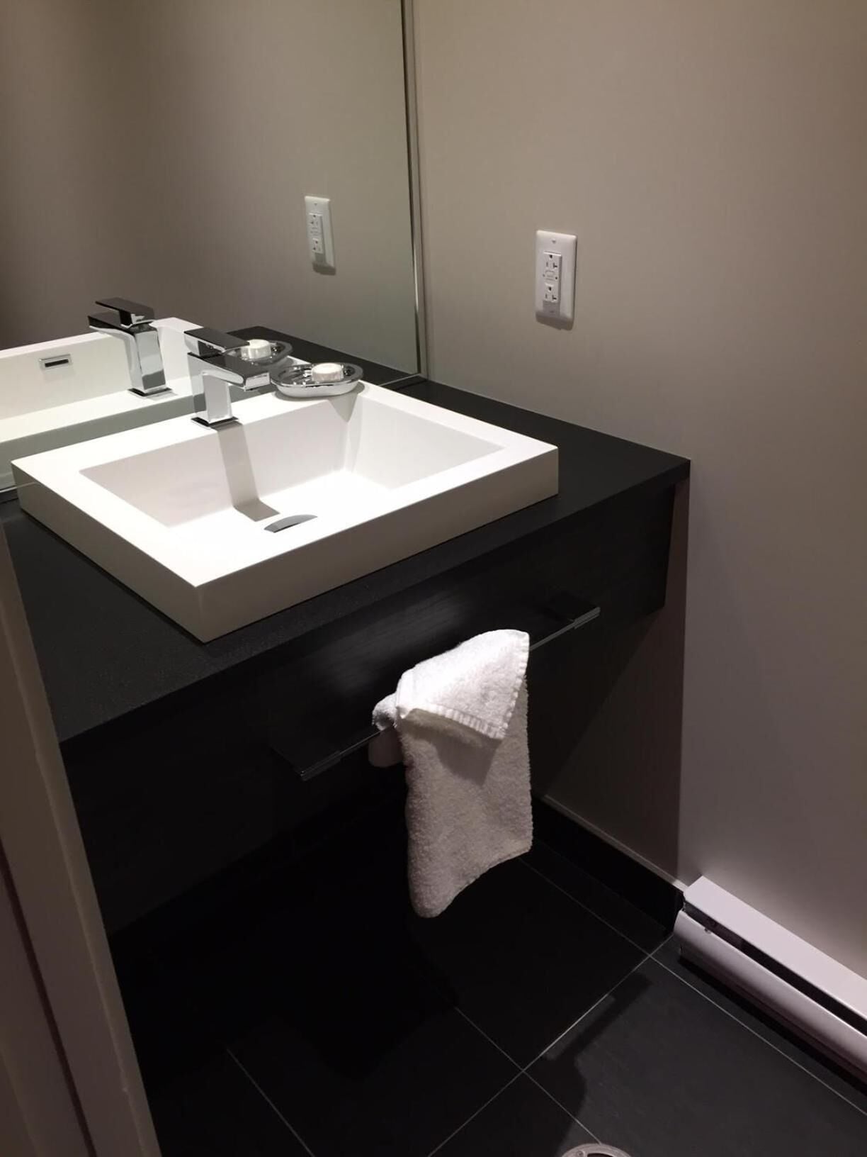 shower, rainfall showerhead, hair dryer, towels