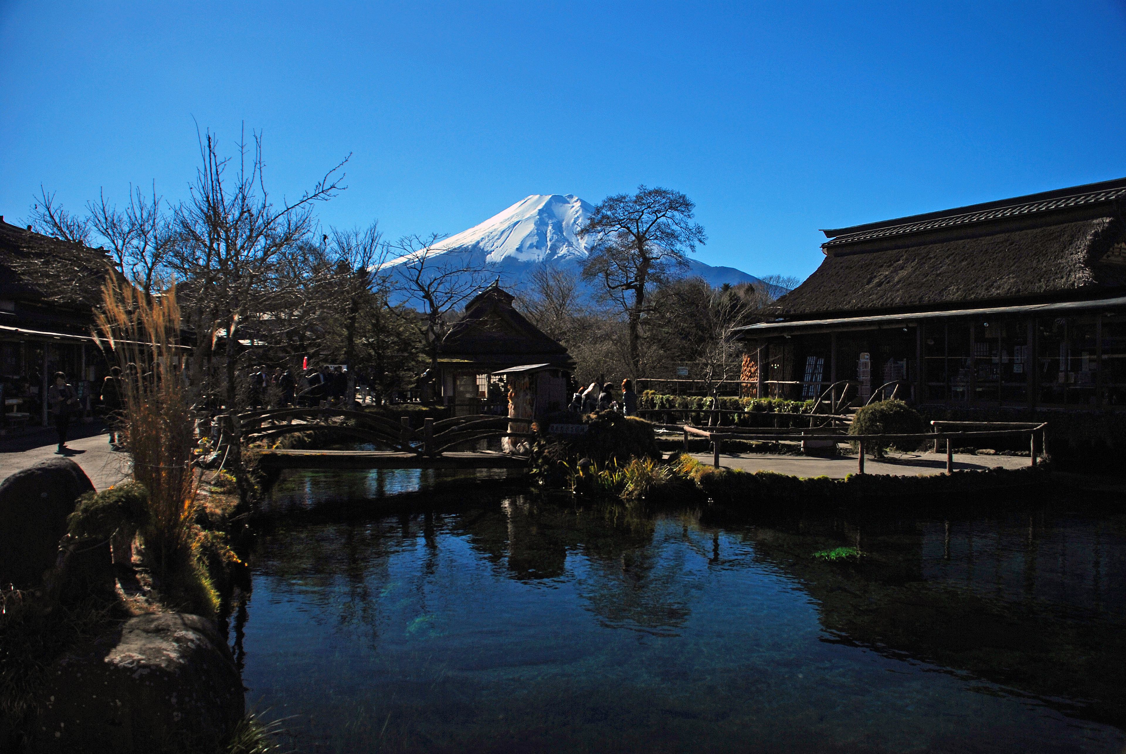 Ein traditioneller japanischer Garten mit Teich, Brücke und Bergen im Hintergrund.