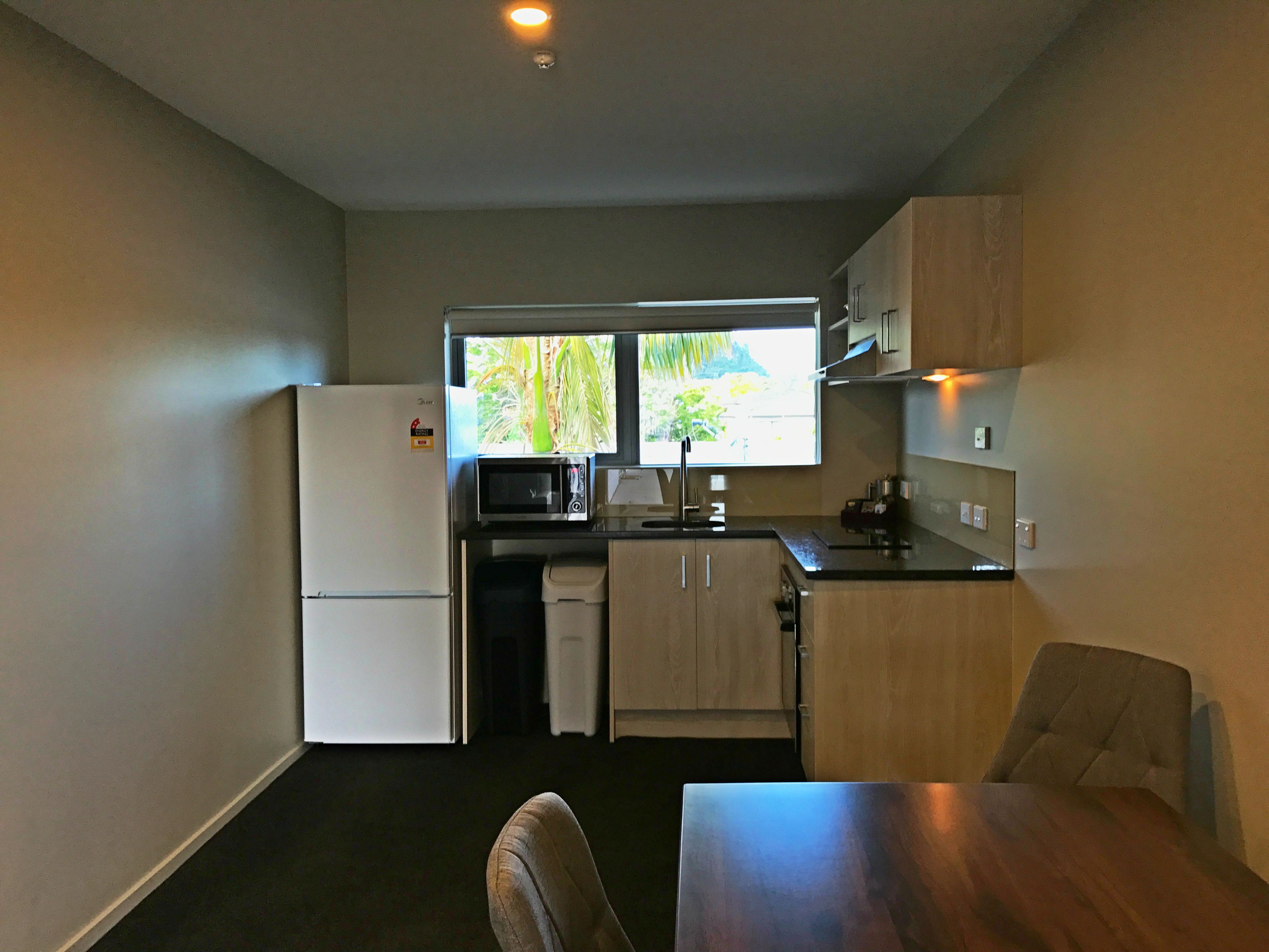 A compact kitchen with a refrigerator, microwave, sink, and a window overlooking greenery.