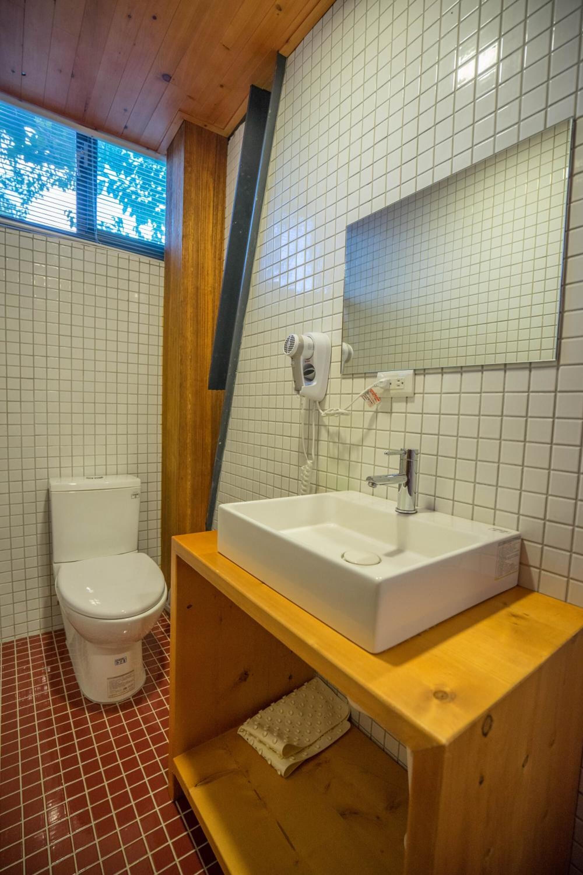 A bathroom with a white toilet, a wooden vanity with a sink, and a mirror above the sink.