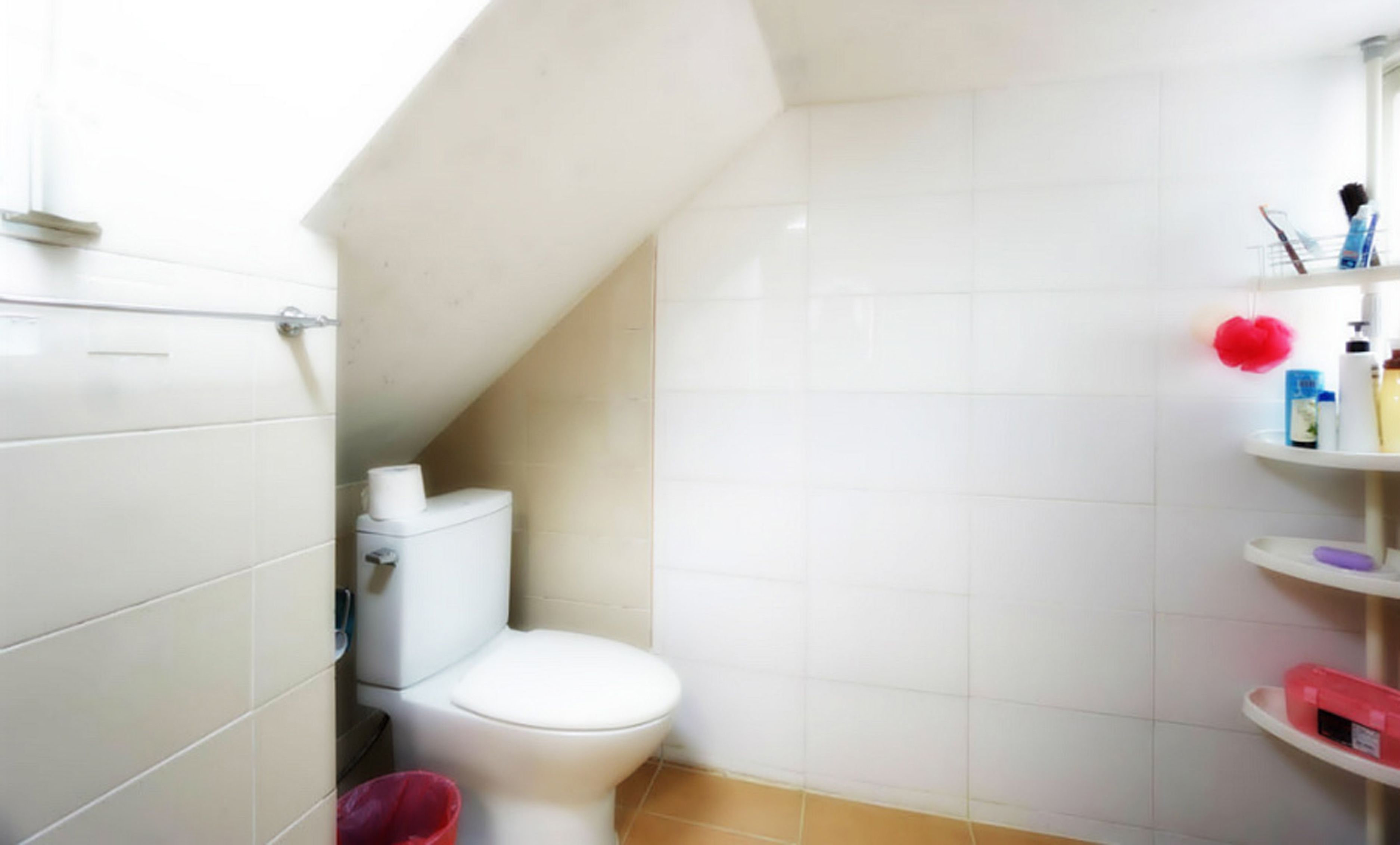 Une petite salle de bain moderne, avec des carreaux blancs, des toilettes et un espace douche.