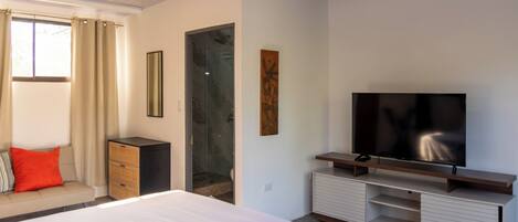 A modern hotel room with a bed, a television, a ceiling fan, and a shower.