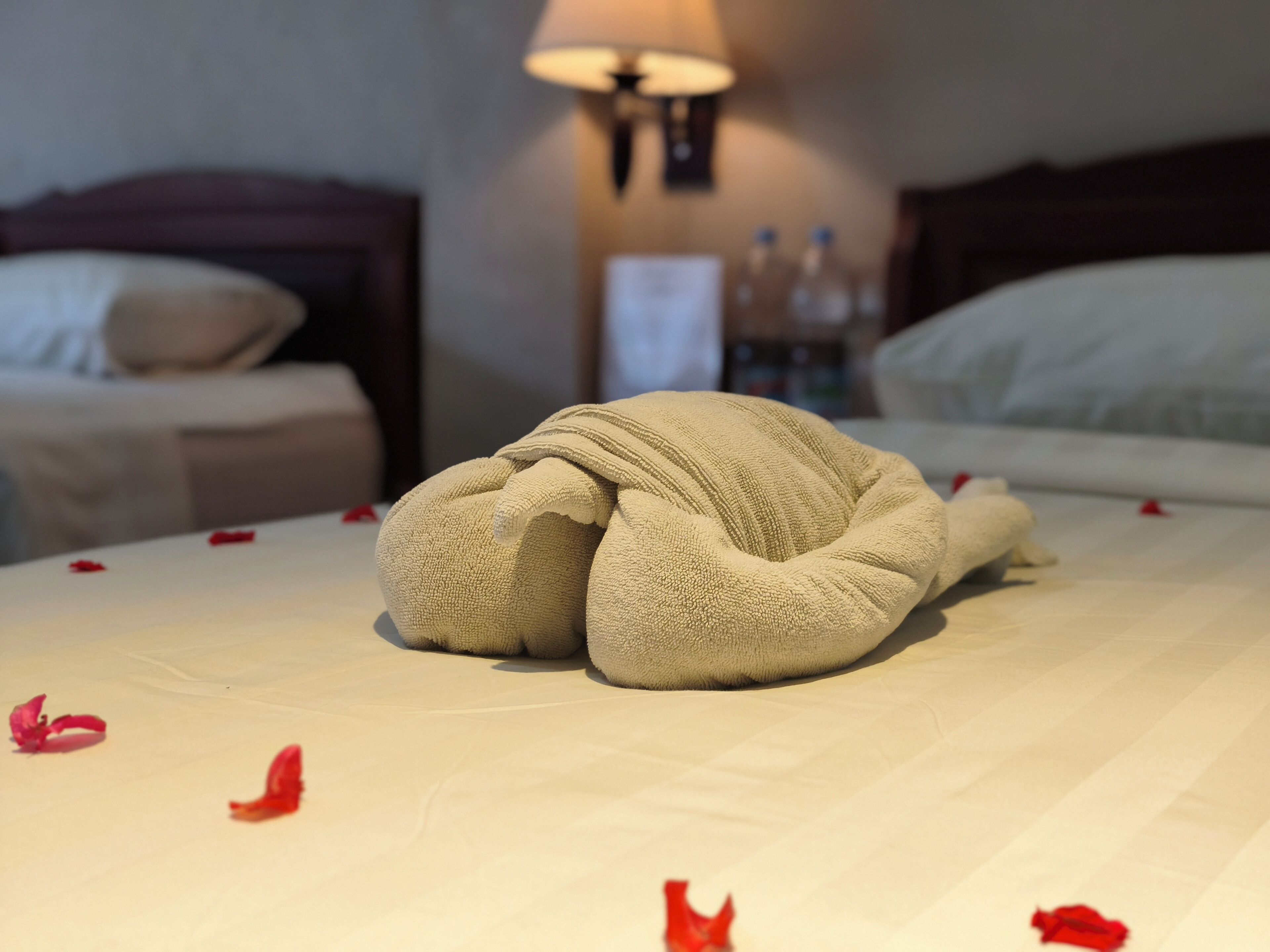 A neatly made bed with a towel folded in the center, a lamp in the background, and a nightstand with bottles.
