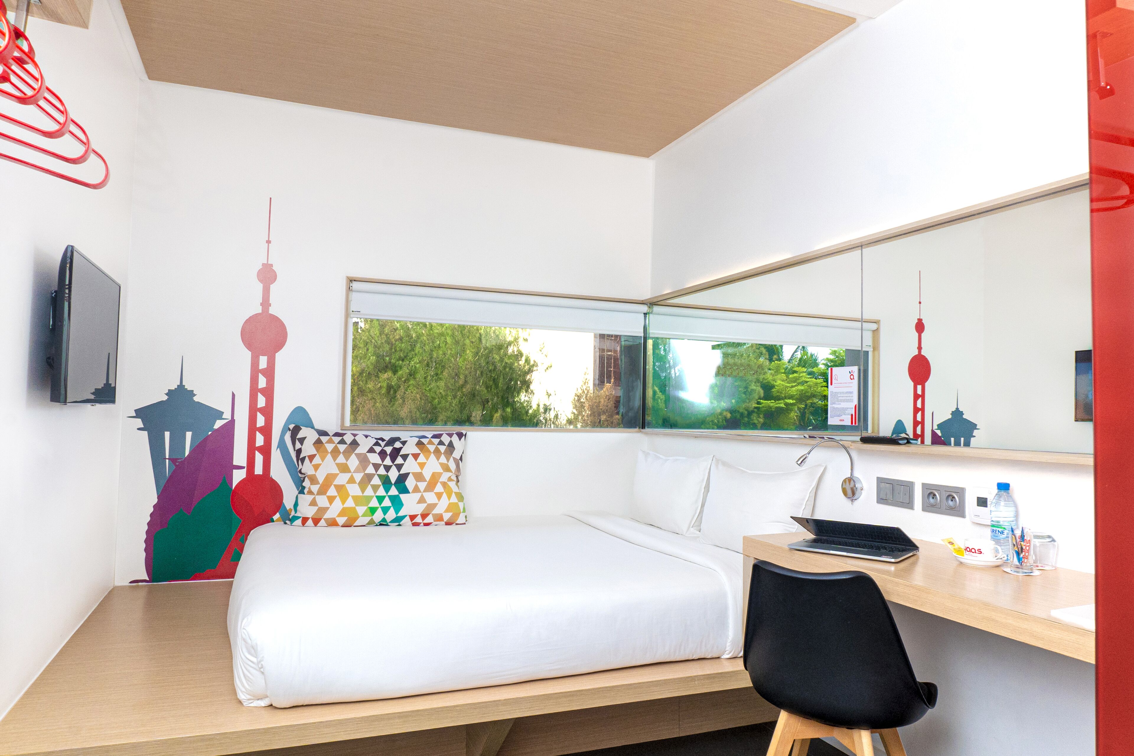 premium bedding, desk, laptop workspace, blackout curtains